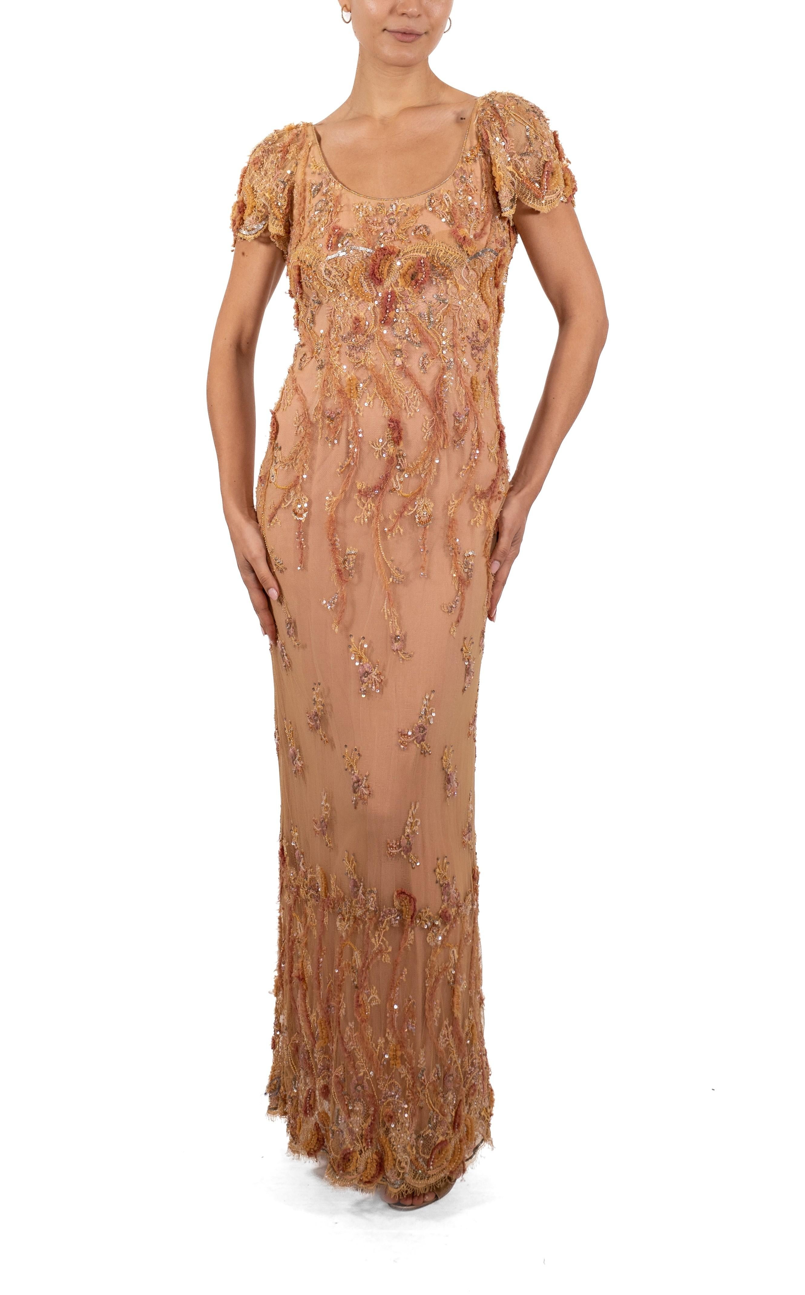 1990S Peach & Cream Silk Chiffon Chantilly Lace Empire Waist Gown Covered In Be For Sale 4