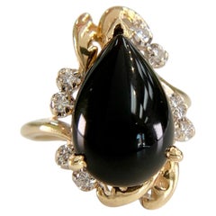 1990's Pear Onyx and Diamond Ring 14k Gold