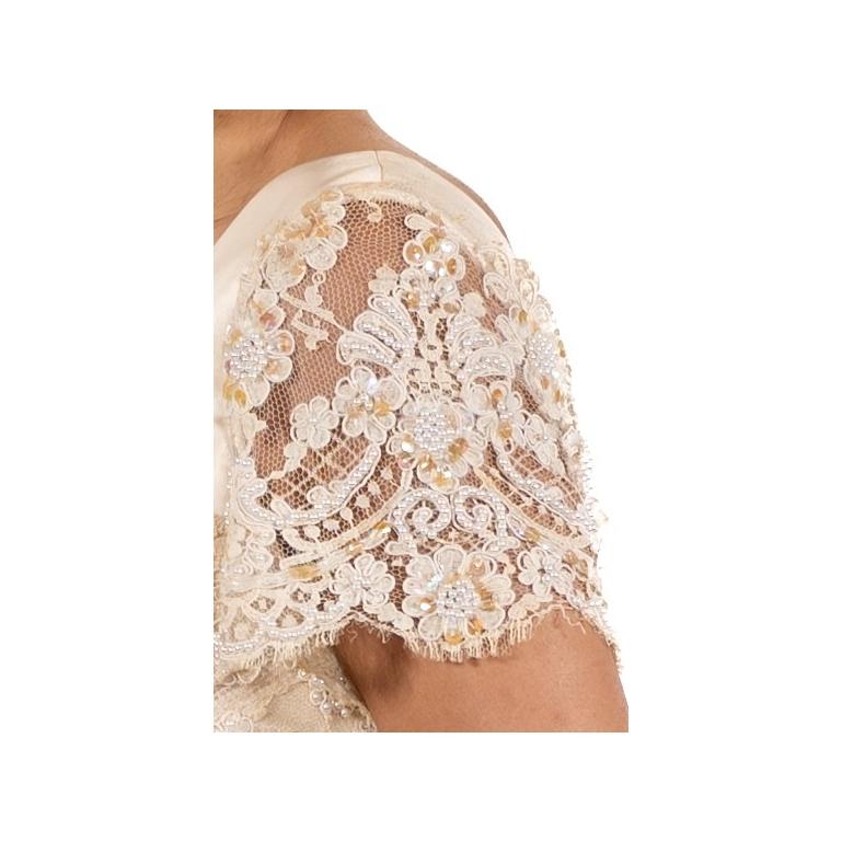 1990S Pearl White Beaded Silk & Lace Titanic Inspired Empire Waist Gown With Sh For Sale 6