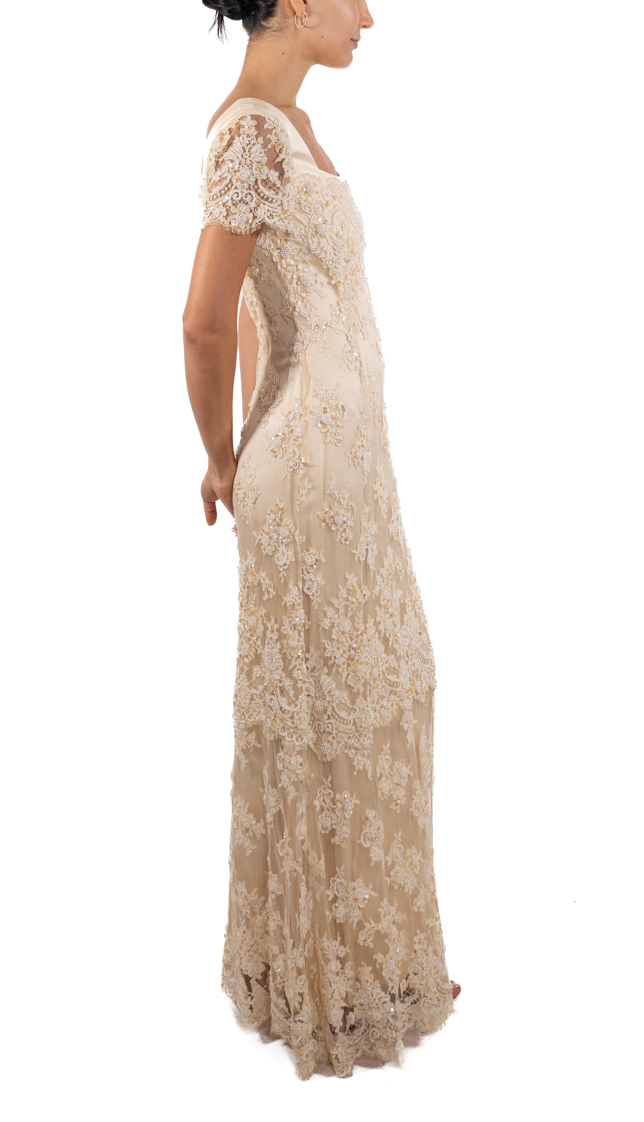 Women's 1990S Pearl White Beaded Silk & Lace Titanic Inspired Empire Waist Gown With Sh For Sale