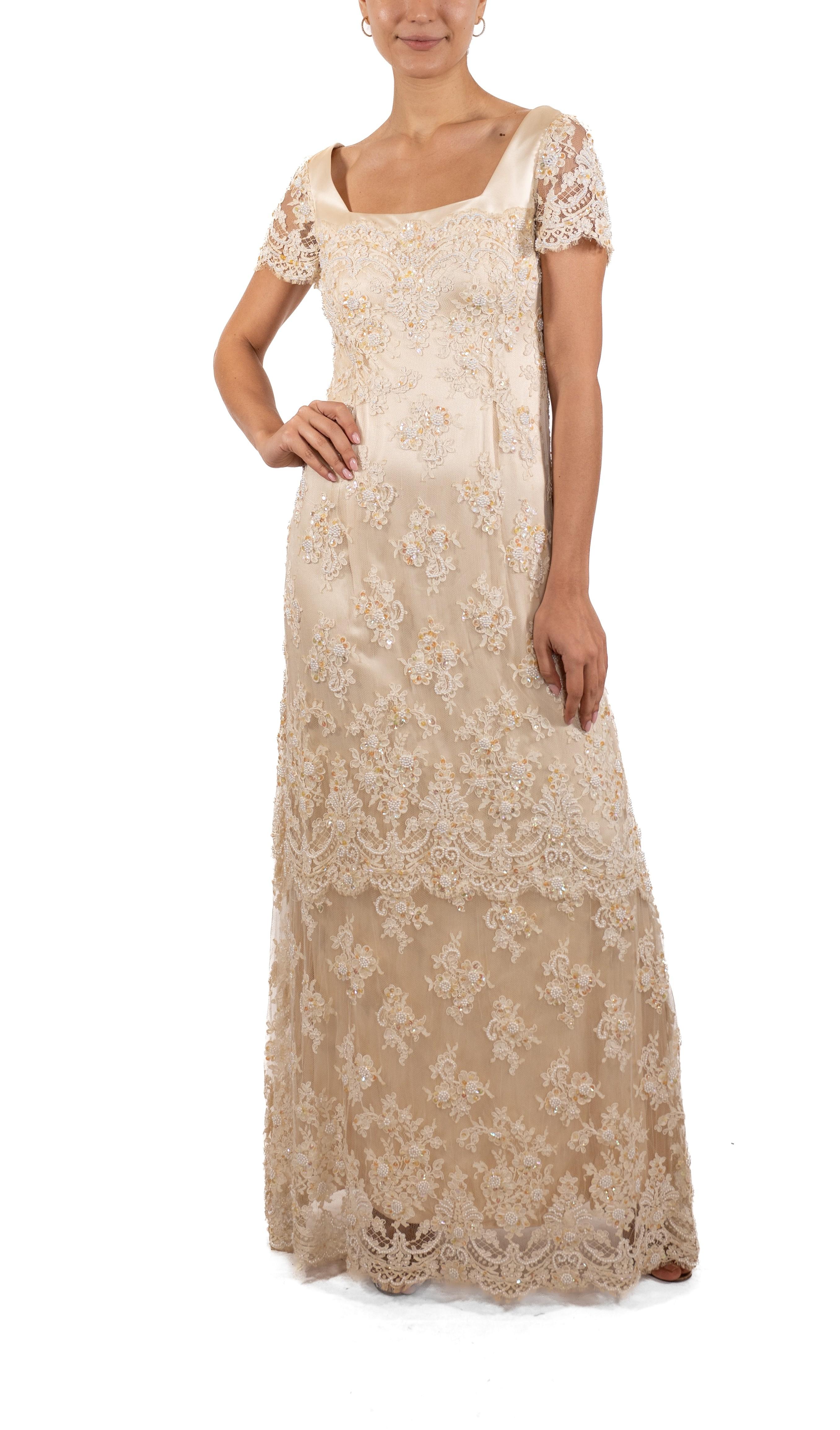 1990S Pearl White Beaded Silk & Lace Titanic Inspired Empire Waist Gown With Sh For Sale 1