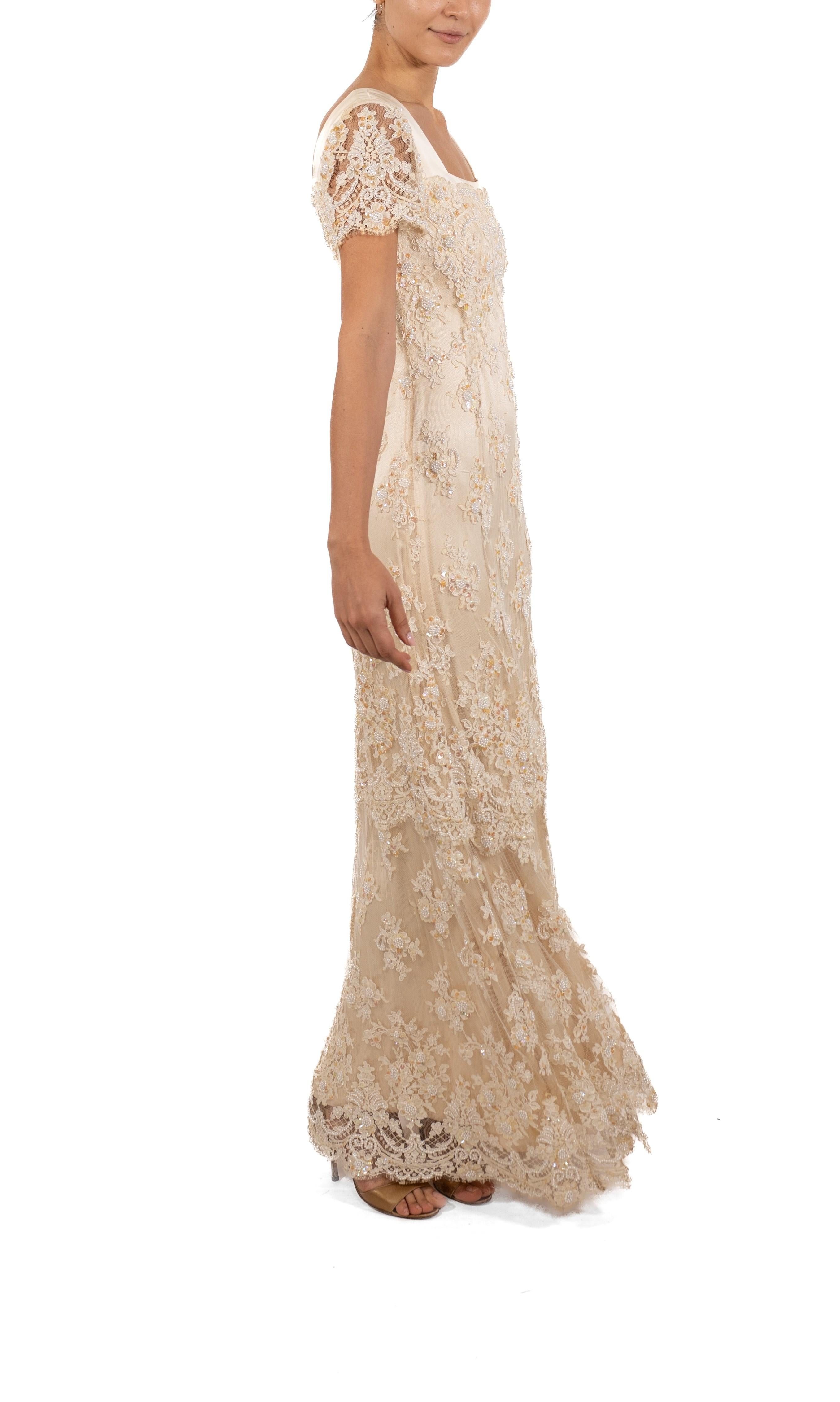 1990S Pearl White Beaded Silk & Lace Titanic Inspired Empire Waist Gown With Sh For Sale 2