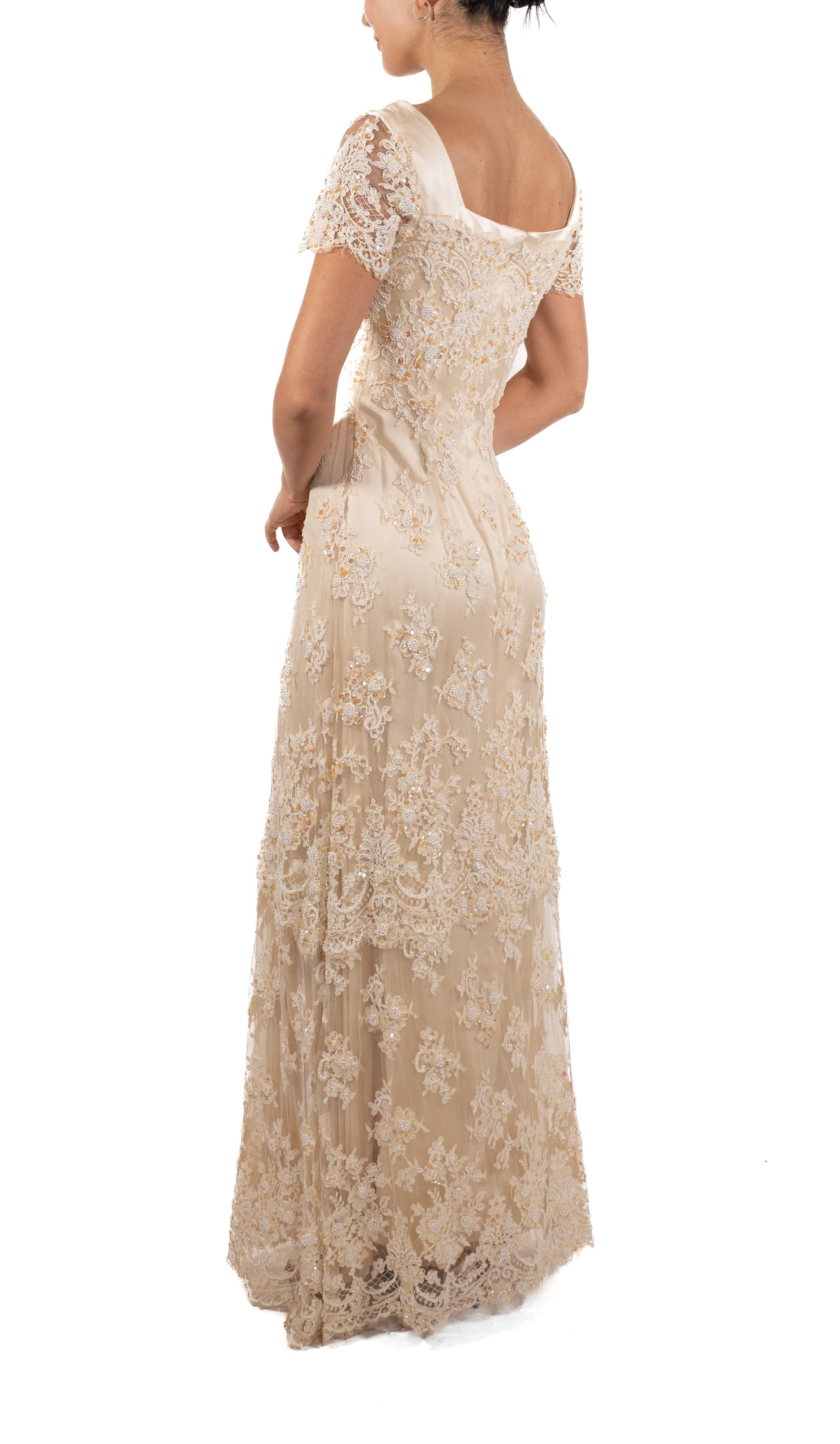 1990S Pearl White Beaded Silk & Lace Titanic Inspired Empire Waist Gown With Sh For Sale 4
