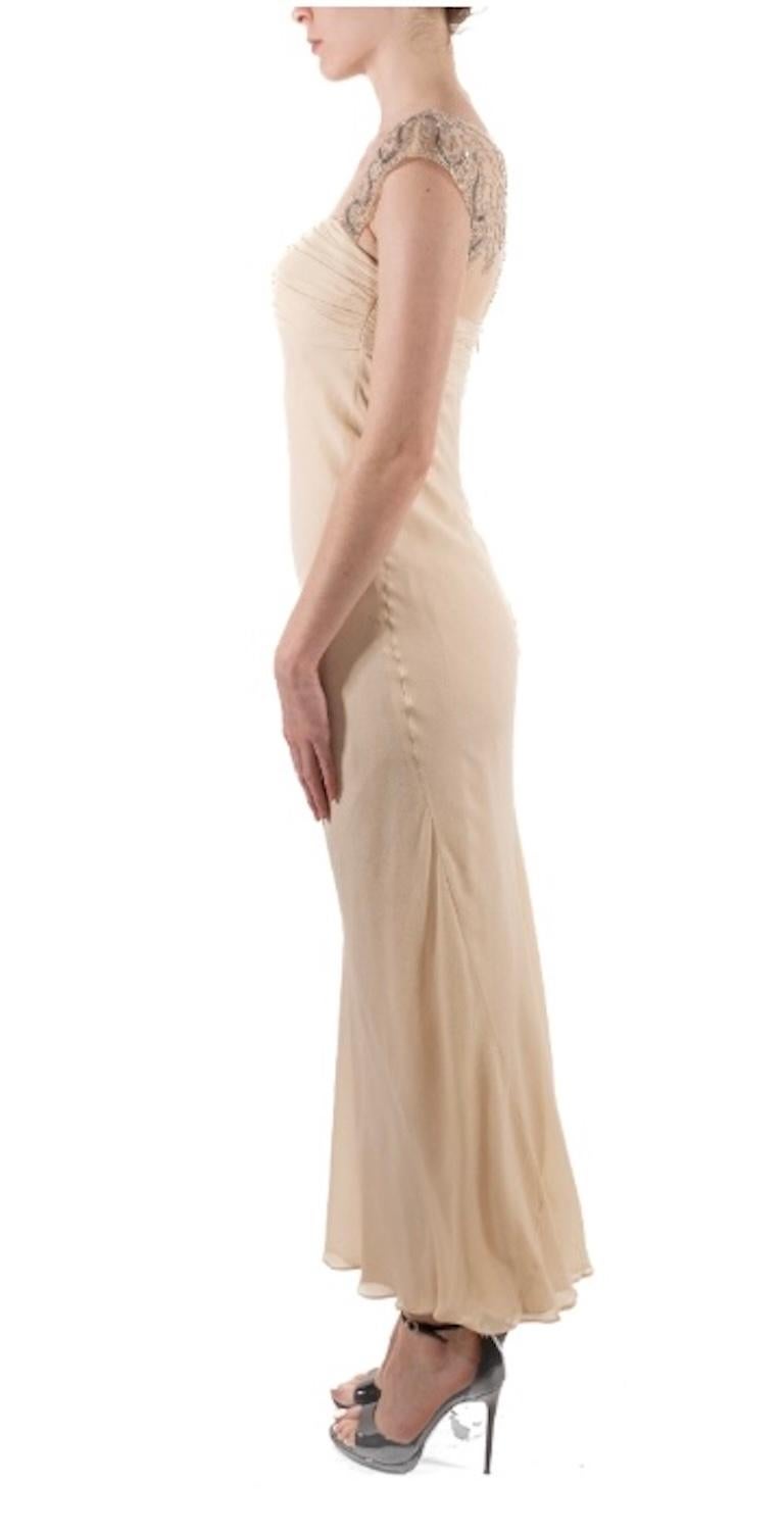 Bianco Abito in chiffon di seta con taglio sbieco stile vecchia Hollywood del 1990S Pearl White con perline trasparenti in vendita