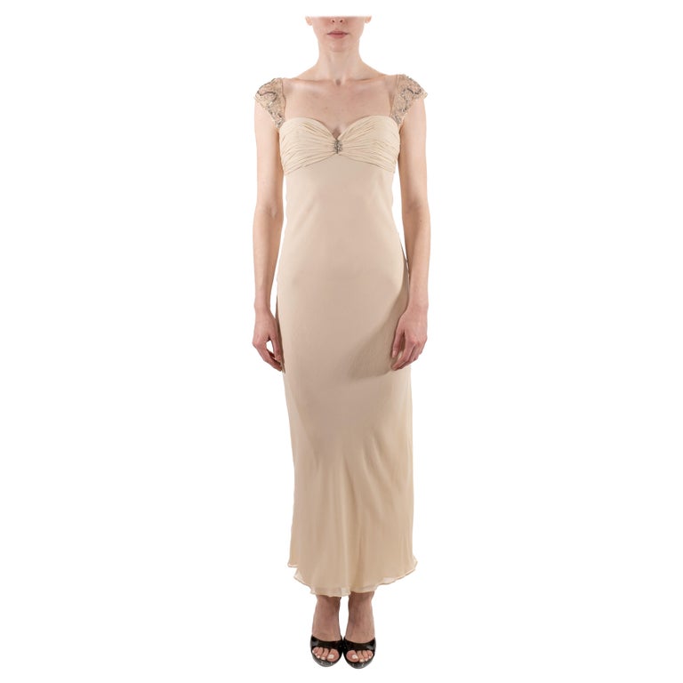 1990S Pearl White Bias Cut Silk Chiffon Old Hollywood Style Gown With Sheer  Bead For Sale at 1stDibs