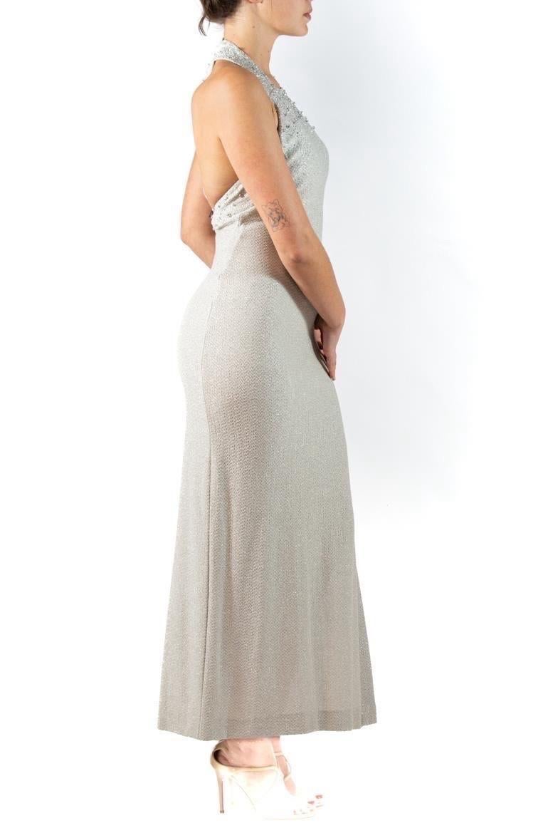 Women's 1990S Pearl White Metallic Rayon Blend Knit Beaded Gown For Sale