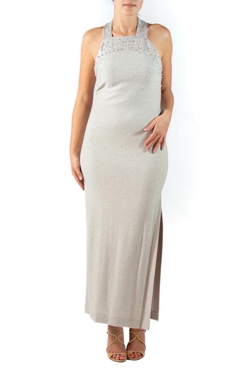 1990S Pearl White Metallic Rayon Blend Knit Beaded Gown For Sale 3