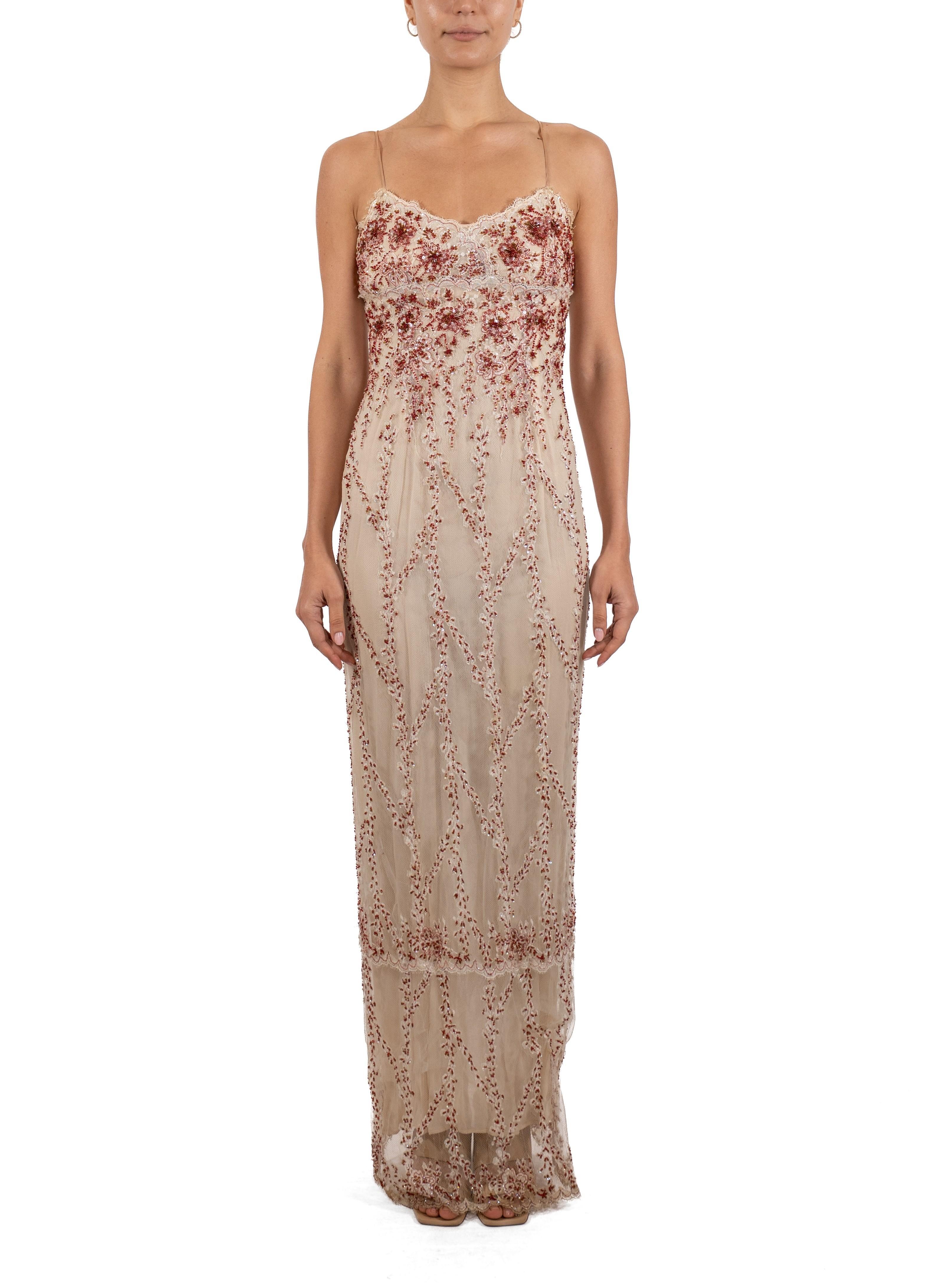 Brown 1990S Pearl White & Red Silk Beaded Lace Gown For Sale