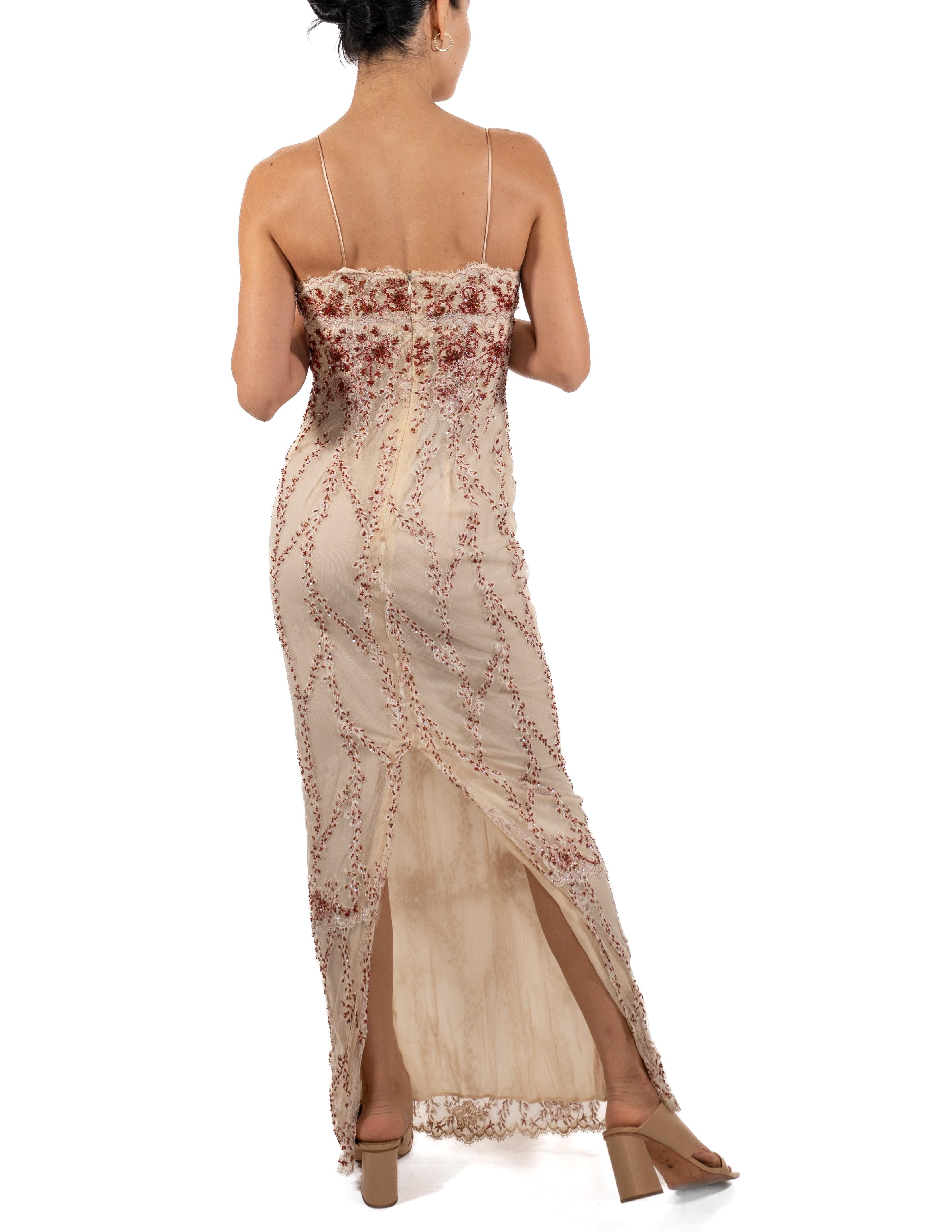 1990S Pearl White & Red Silk Beaded Lace Gown For Sale 3