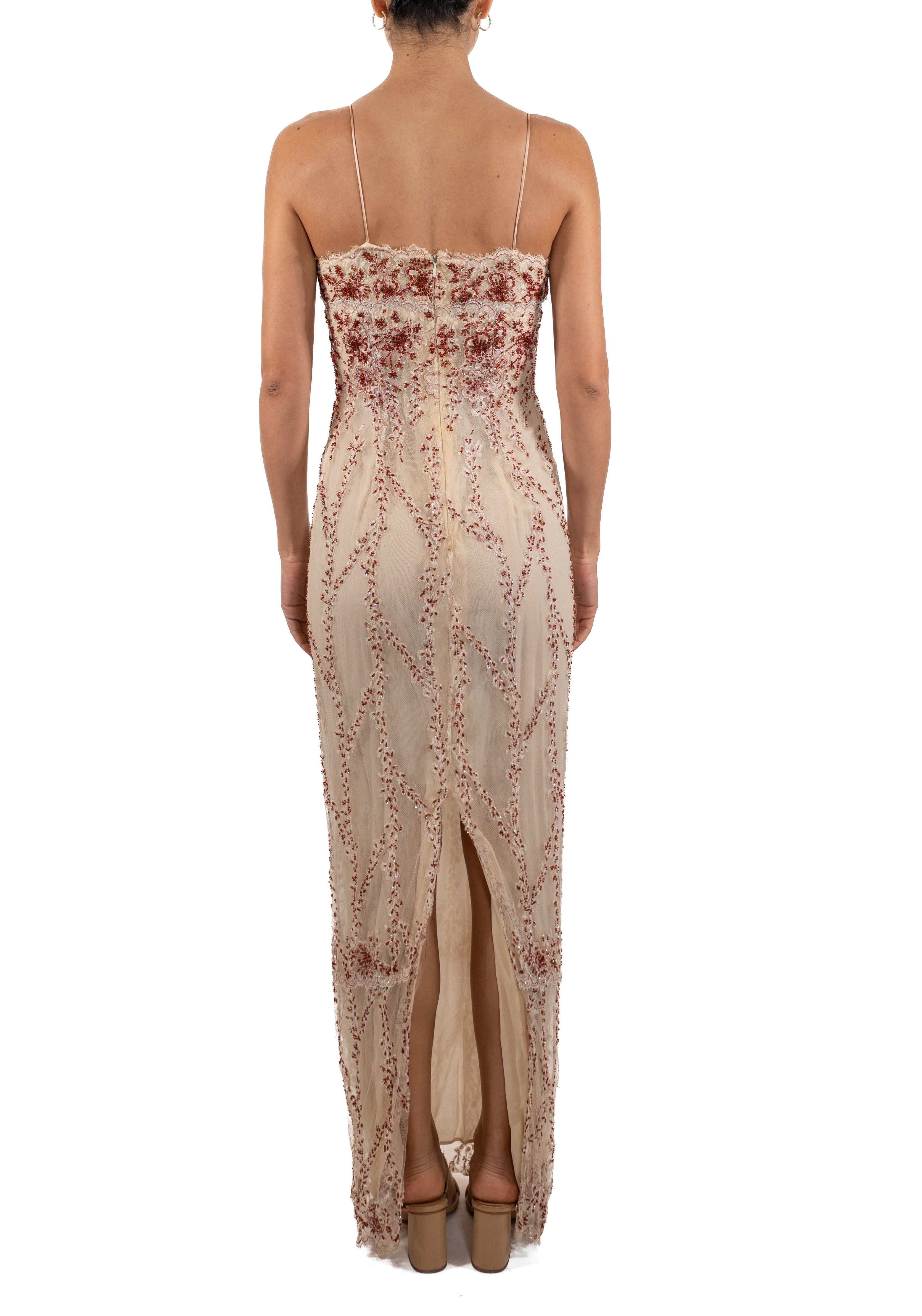1990S Pearl White & Red Silk Beaded Lace Gown For Sale 4