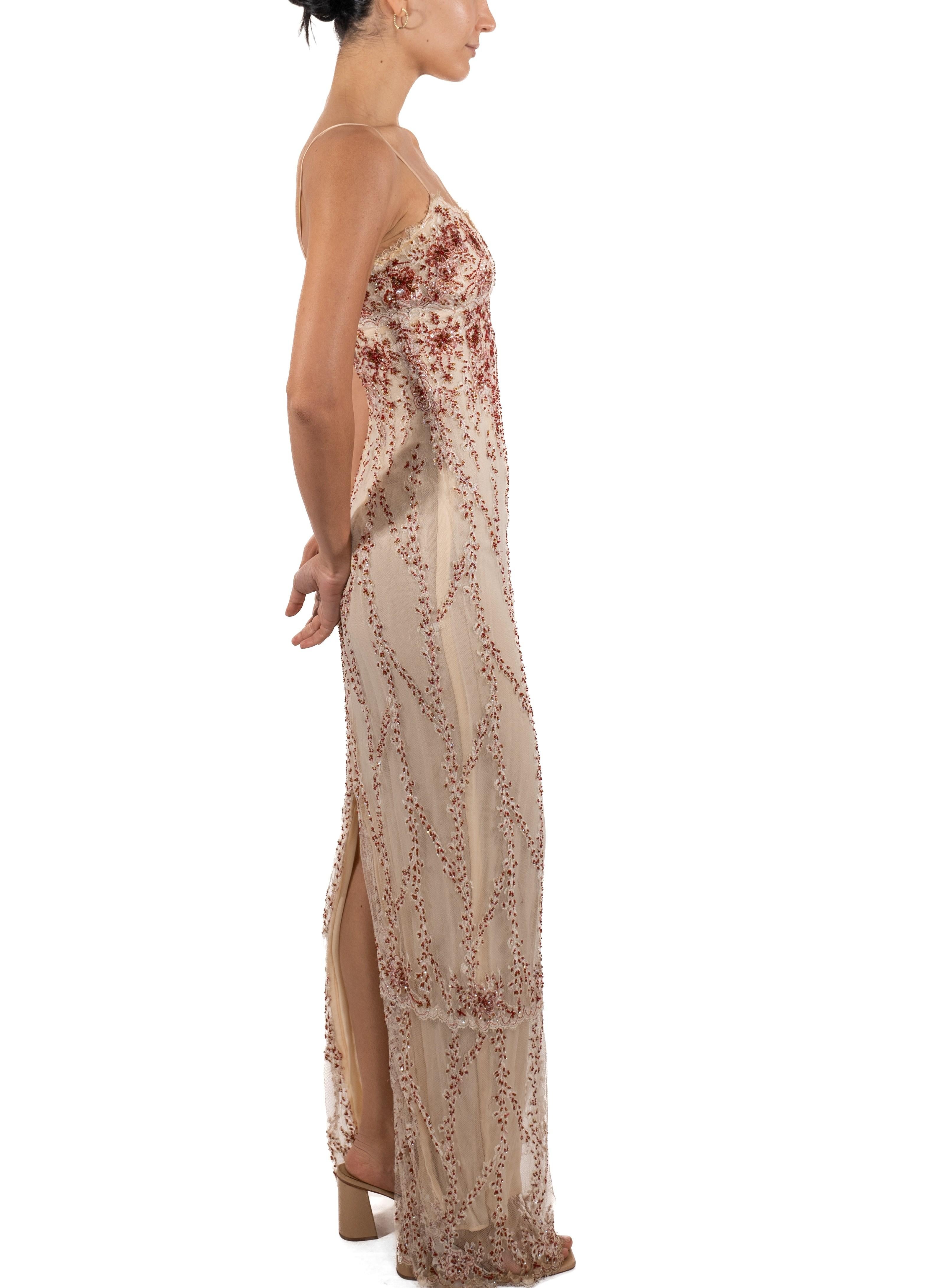 1990S Pearl White & Red Silk Beaded Lace Gown For Sale 5
