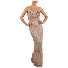 1990S Pearl White & Red Silk Beaded Lace Gown
