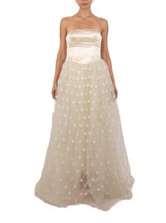 1990S Pearl White Strapless Silk Duchess Satin Gown With Floral Covered Tulle S