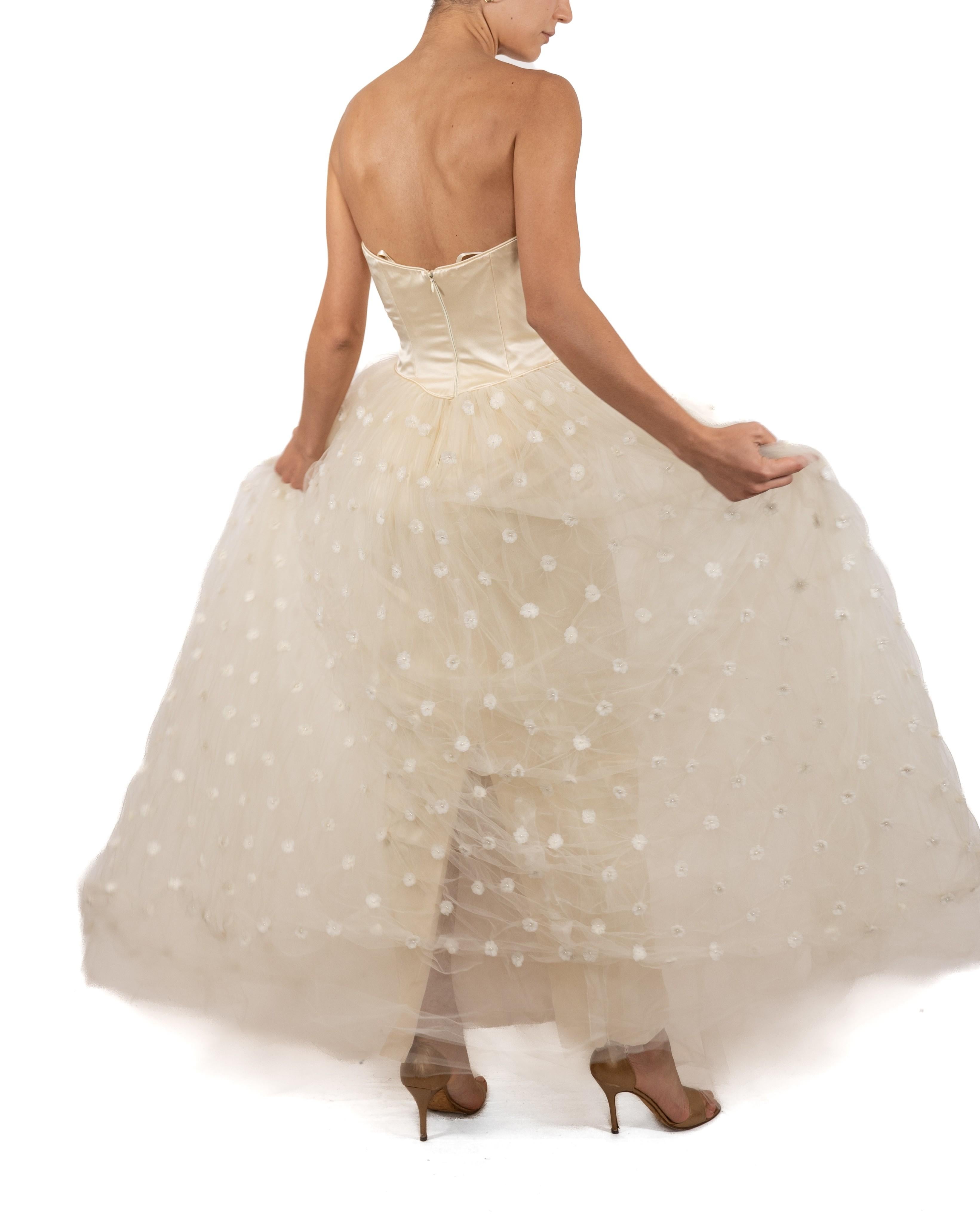Women's 1990S Pearl White Strapless Silk Duchess Satin Gown With Floral Covered Tulle S For Sale