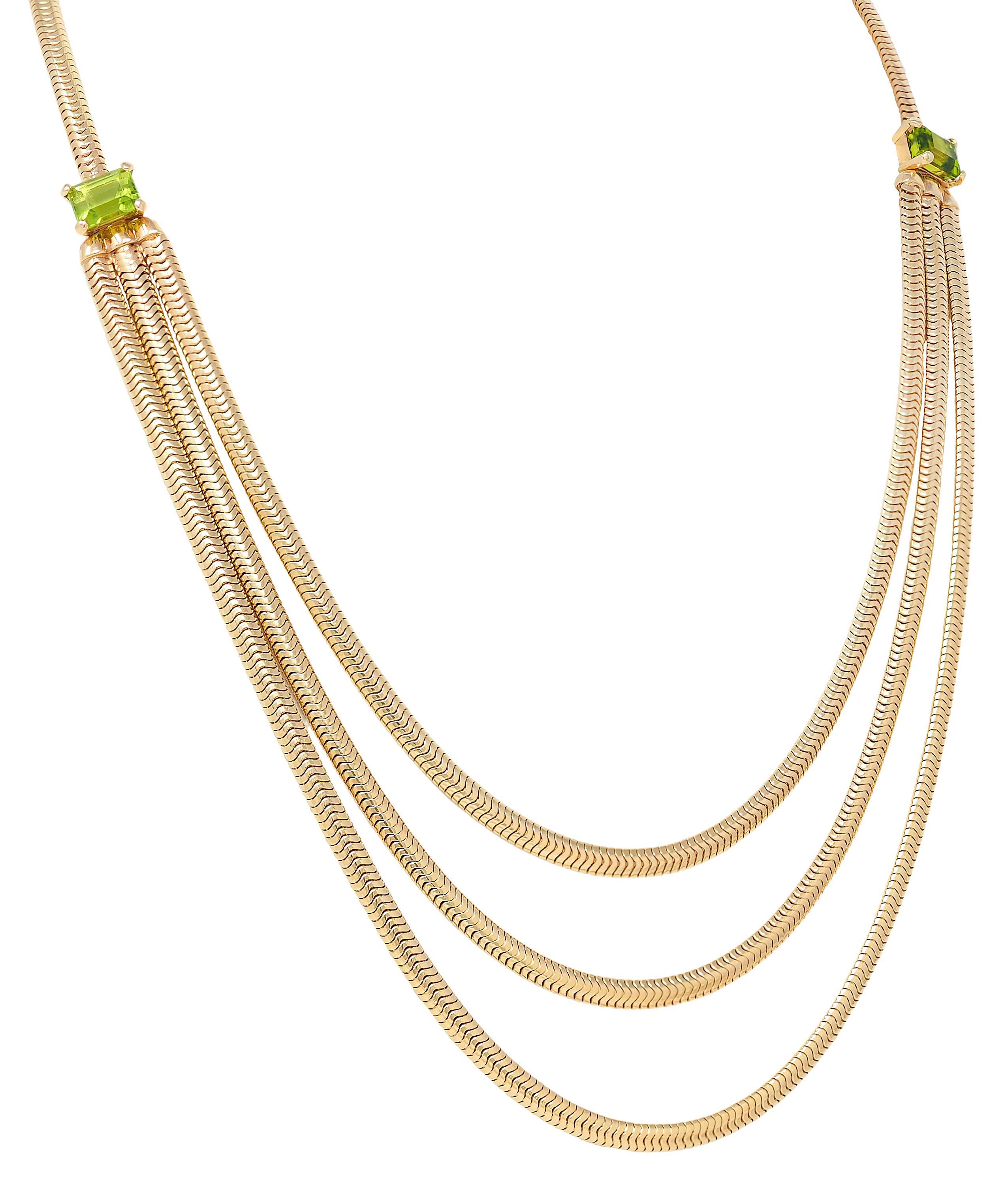 1990's Peridot 14K Gold Vintage Swagged Multi-Strang Schlange Kette Halskette (Smaragdschliff) im Angebot