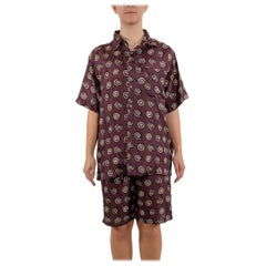 1990S Perry Ellis Burgundy & Cream Silk Men's Shorts Shirt Ensemble NWT