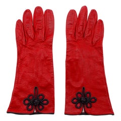 Vintage 1990s Perry Ellis Red Leather Gloves with Black Passimenterie