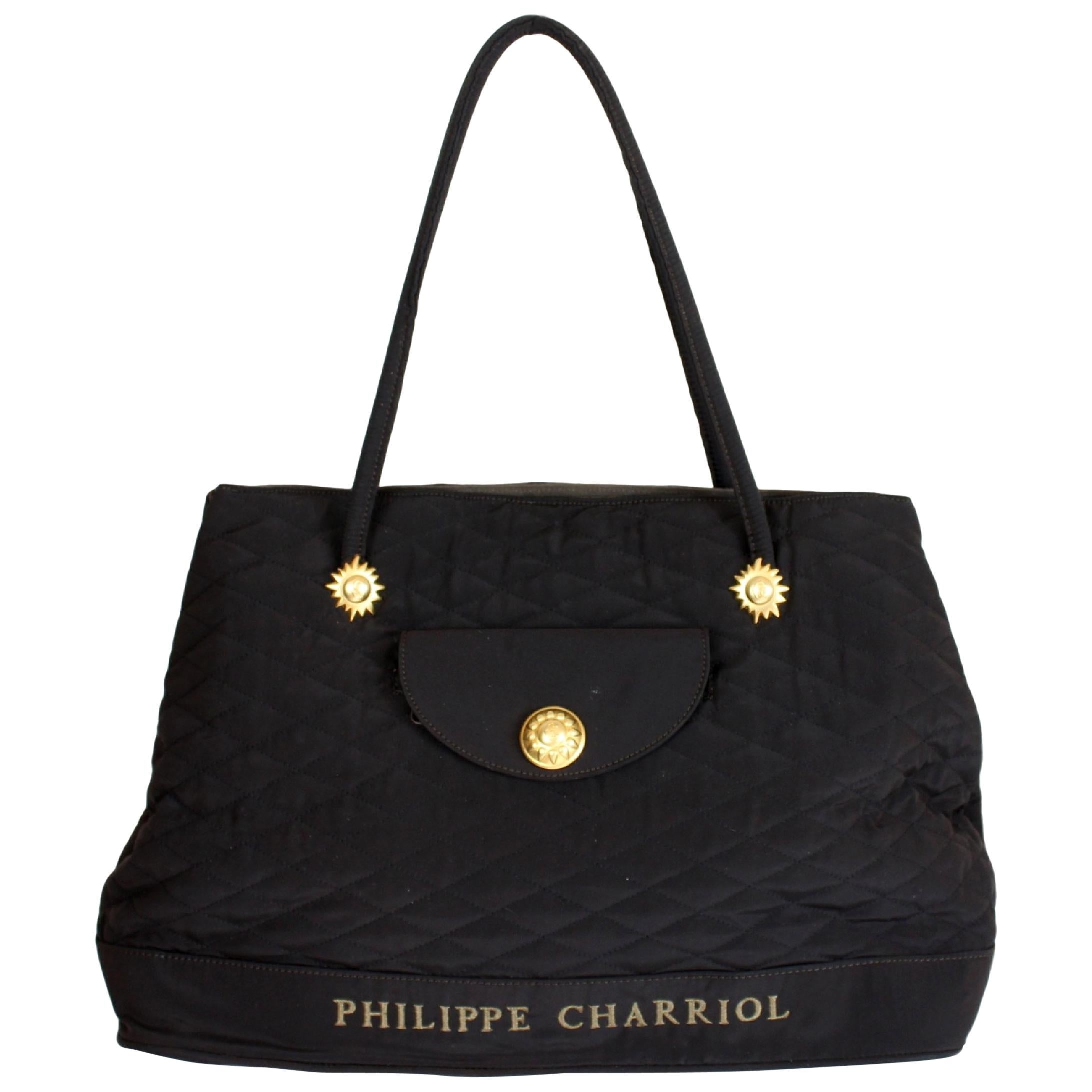 1990s Philippe Charriol Quilted Black Gold Canvas Handbag Hobo