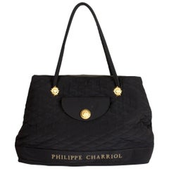 Used 1990s Philippe Charriol Quilted Black Gold Canvas Handbag Hobo