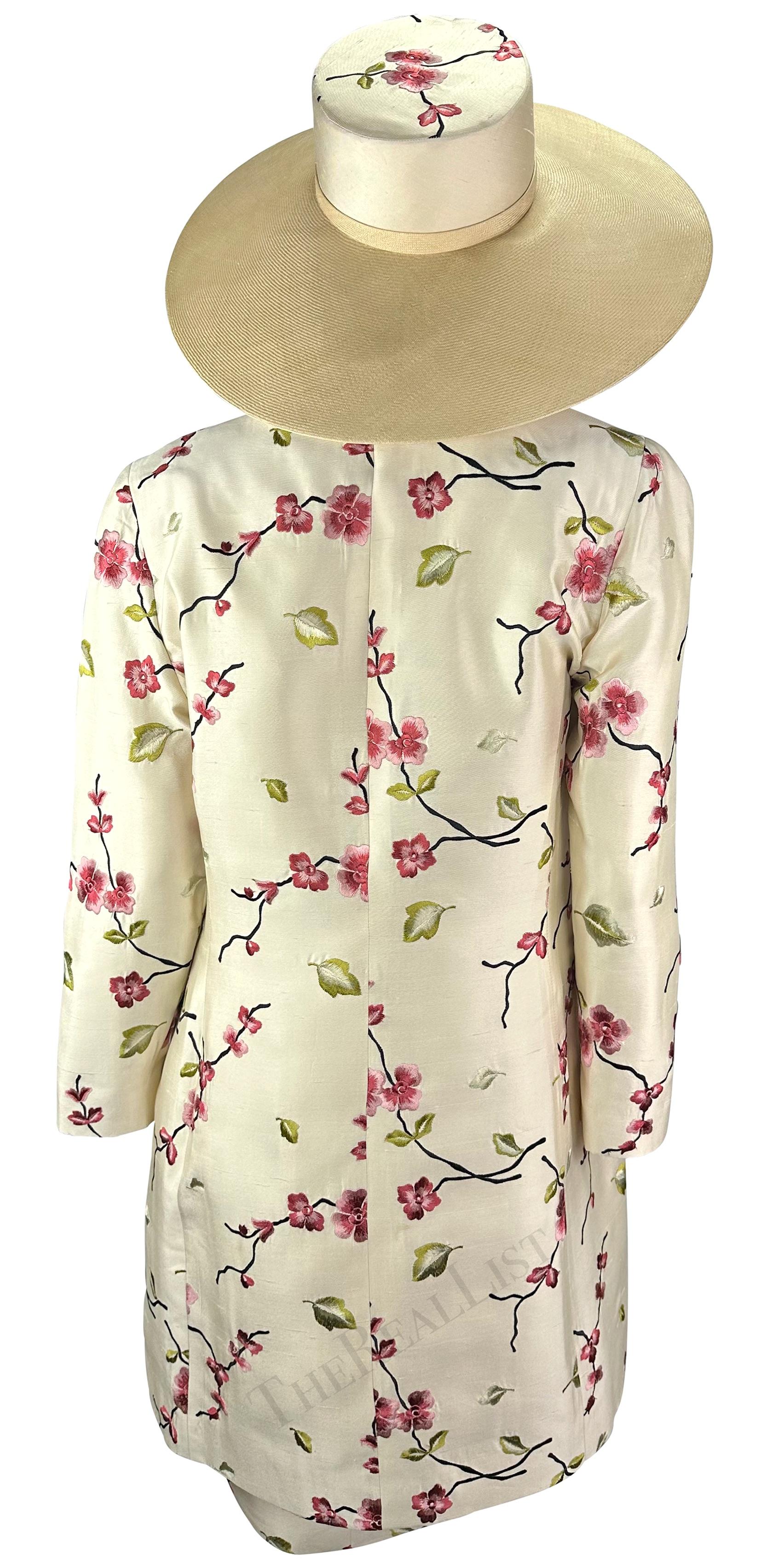 1990s Pierre Balmain Demi-Couture Cherry Blossom Embroidery Dress Coat Hat Set For Sale 6