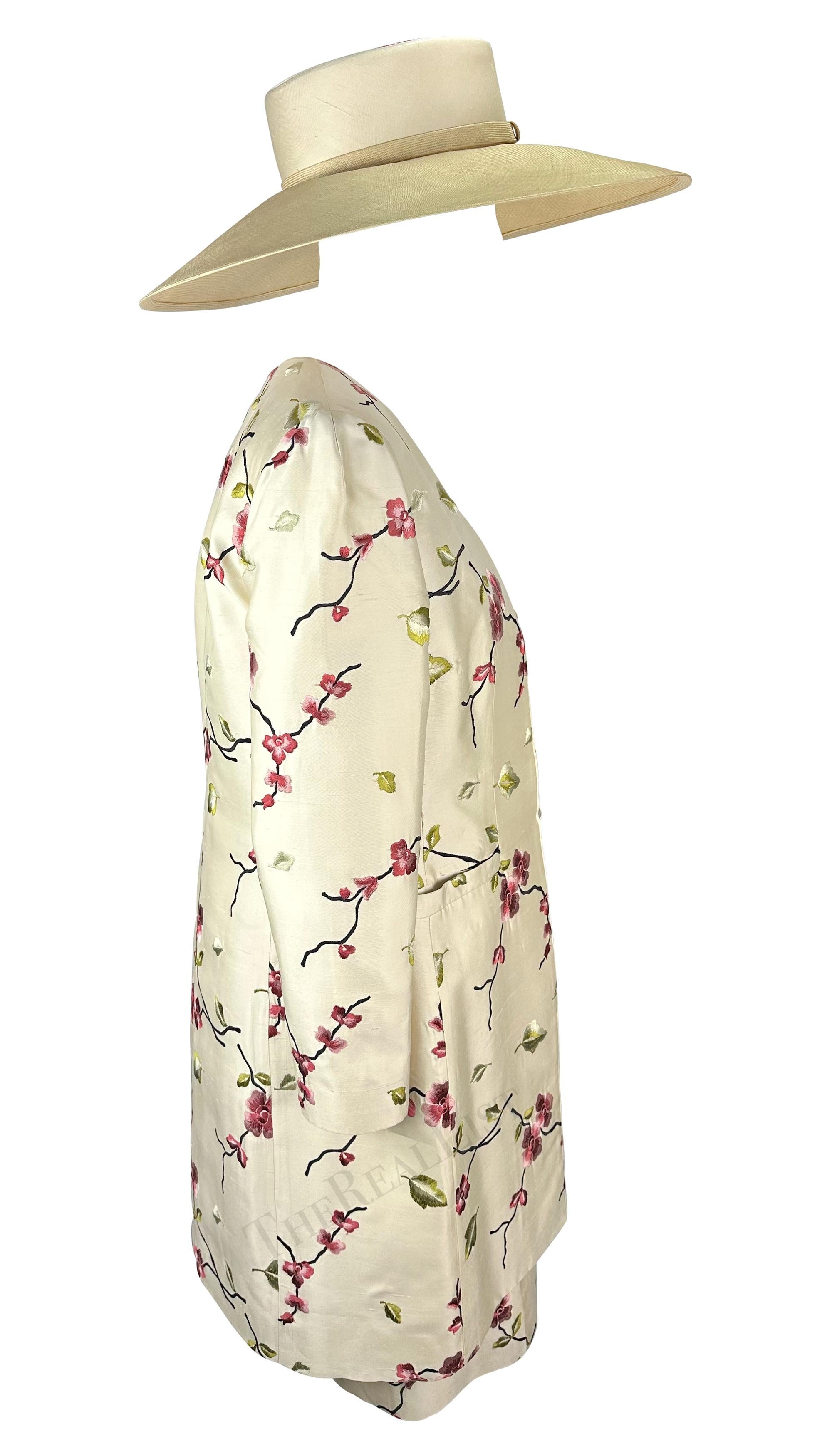 1990s Pierre Balmain Demi-Couture Cherry Blossom Embroidery Dress Coat Hat Set For Sale 7