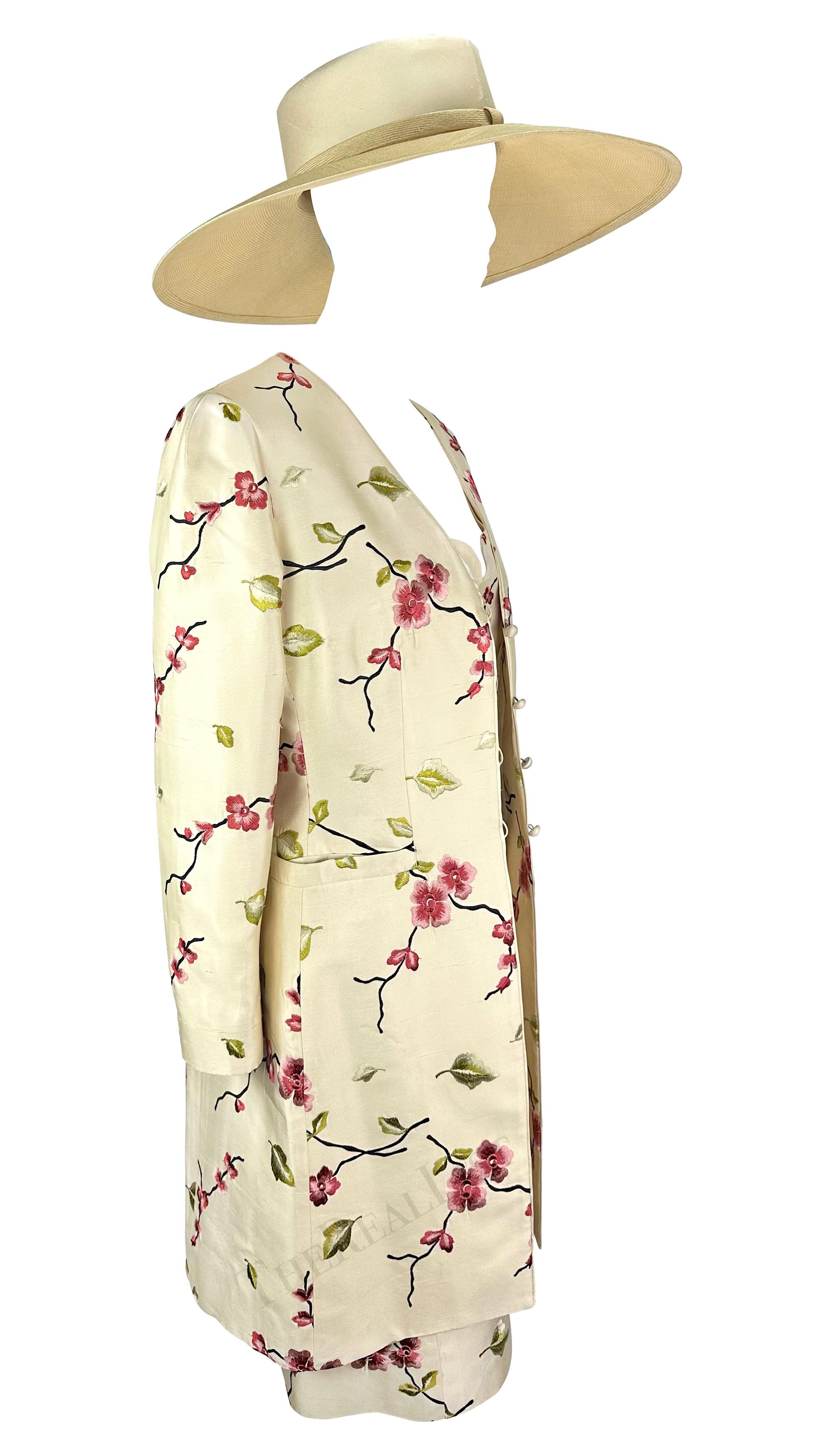 1990s Pierre Balmain Demi-Couture Cherry Blossom Embroidery Dress Coat Hat Set For Sale 8