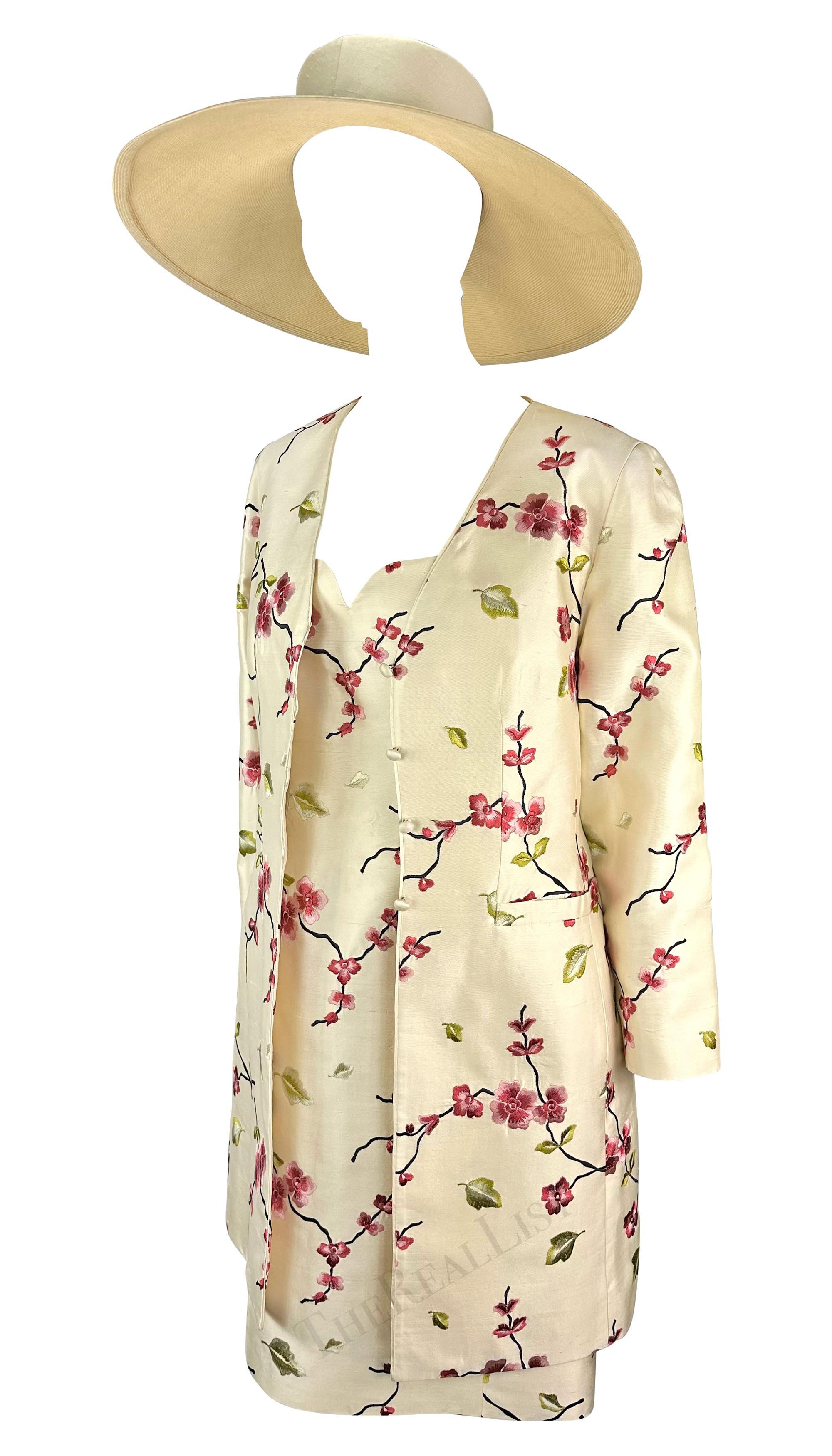 1990s Pierre Balmain Demi-Couture Cherry Blossom Embroidery Dress Coat Hat Set For Sale 2