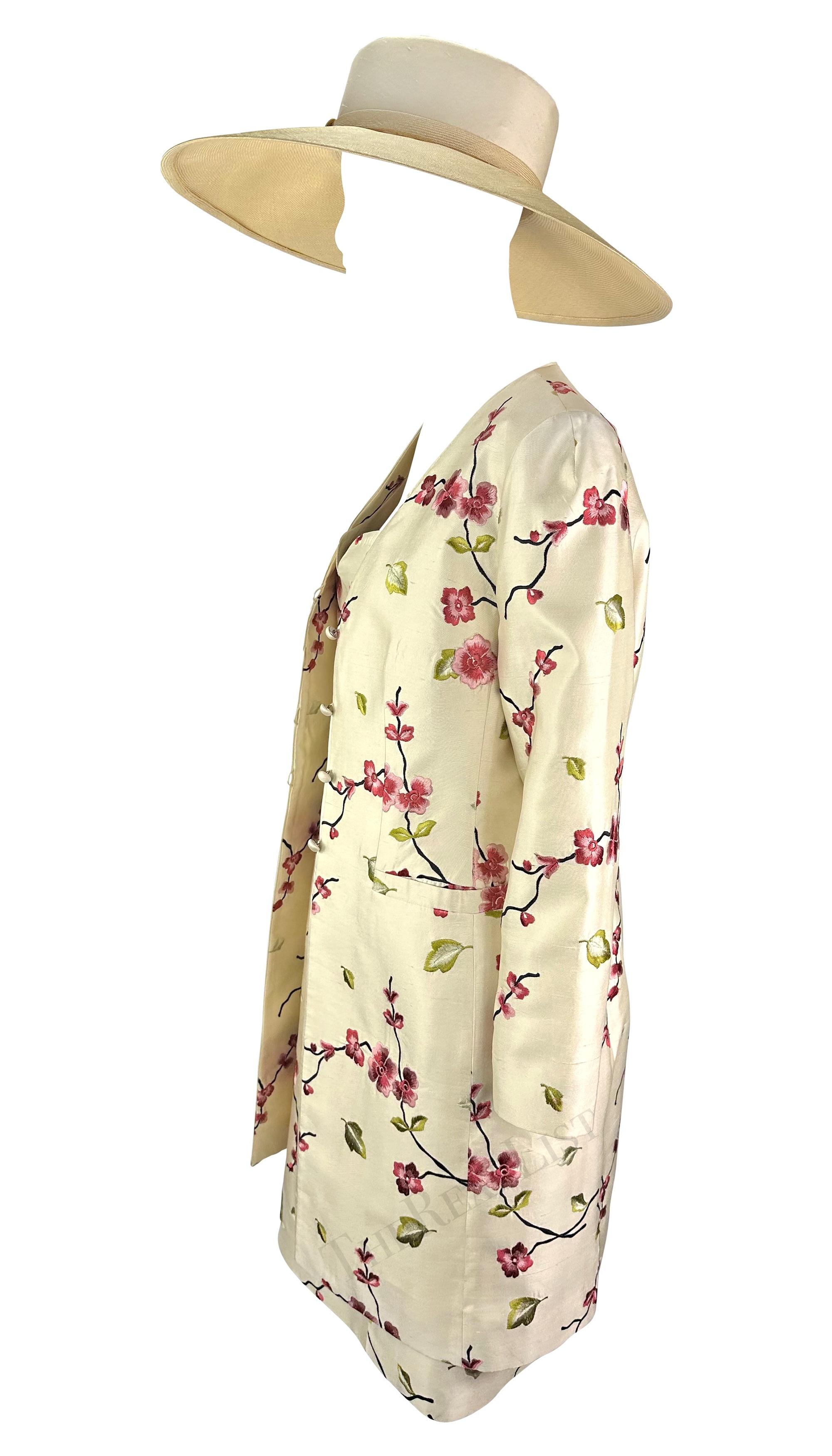1990s Pierre Balmain Demi-Couture Cherry Blossom Embroidery Dress Coat Hat Set For Sale 3