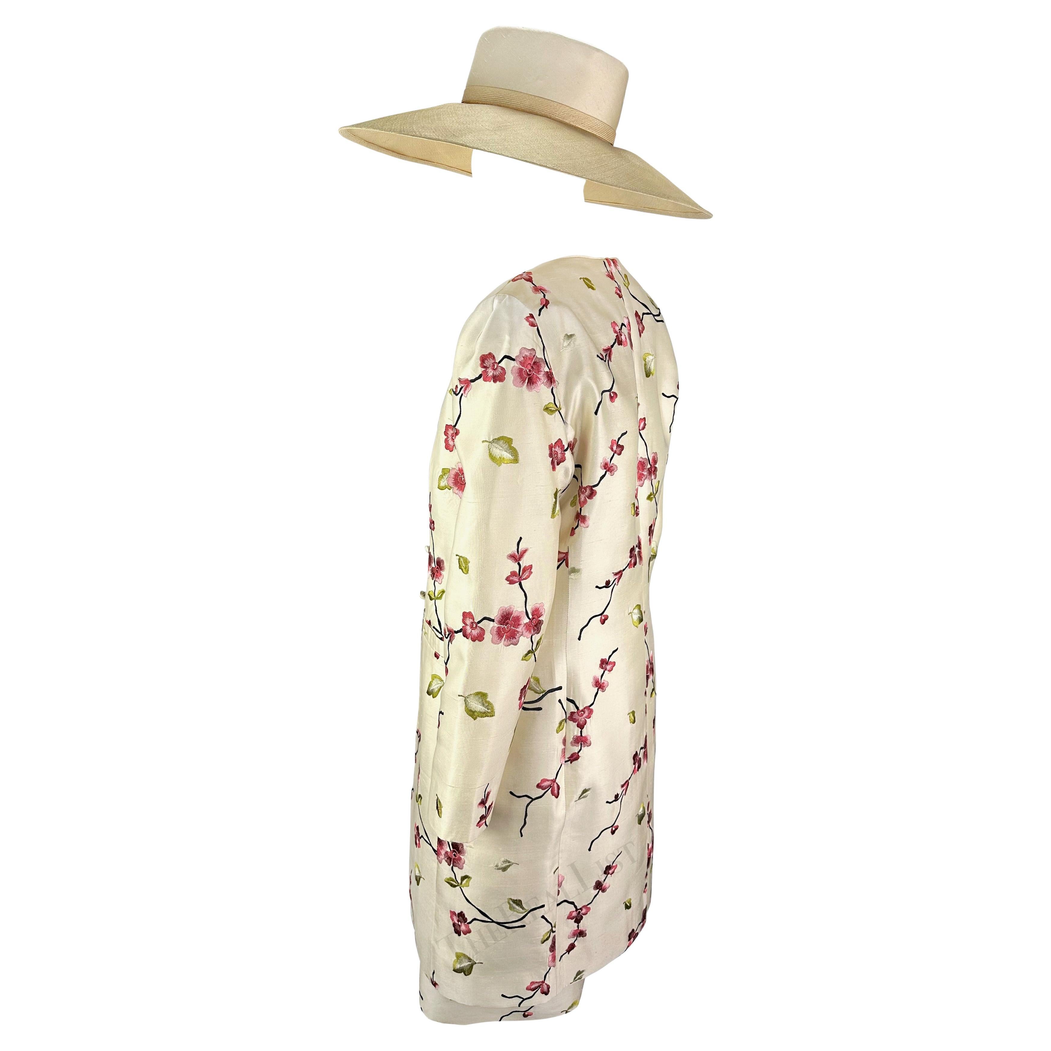 1990s Pierre Balmain Demi-Couture Cherry Blossom Embroidery Dress Coat Hat Set For Sale 4