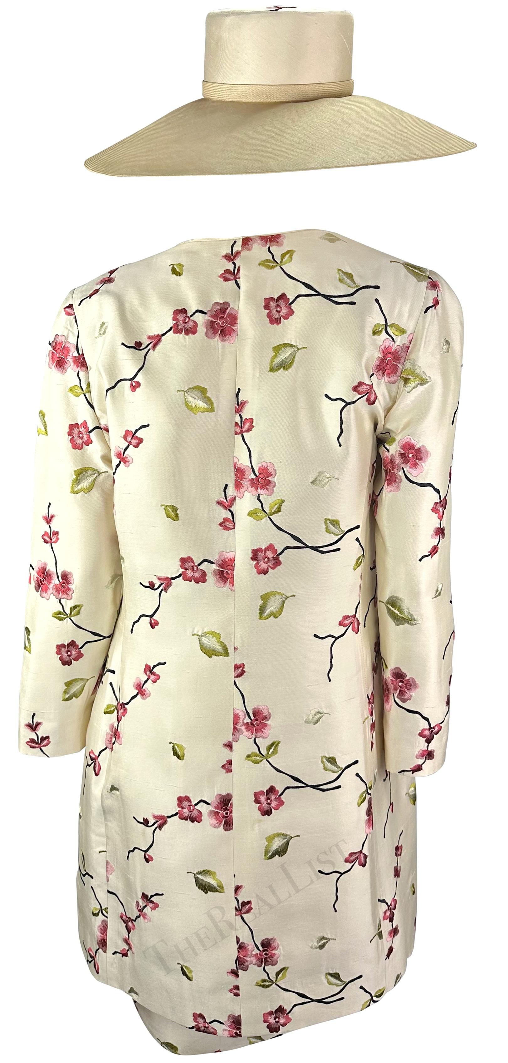 1990s Pierre Balmain Demi-Couture Cherry Blossom Embroidery Dress Coat Hat Set For Sale 5
