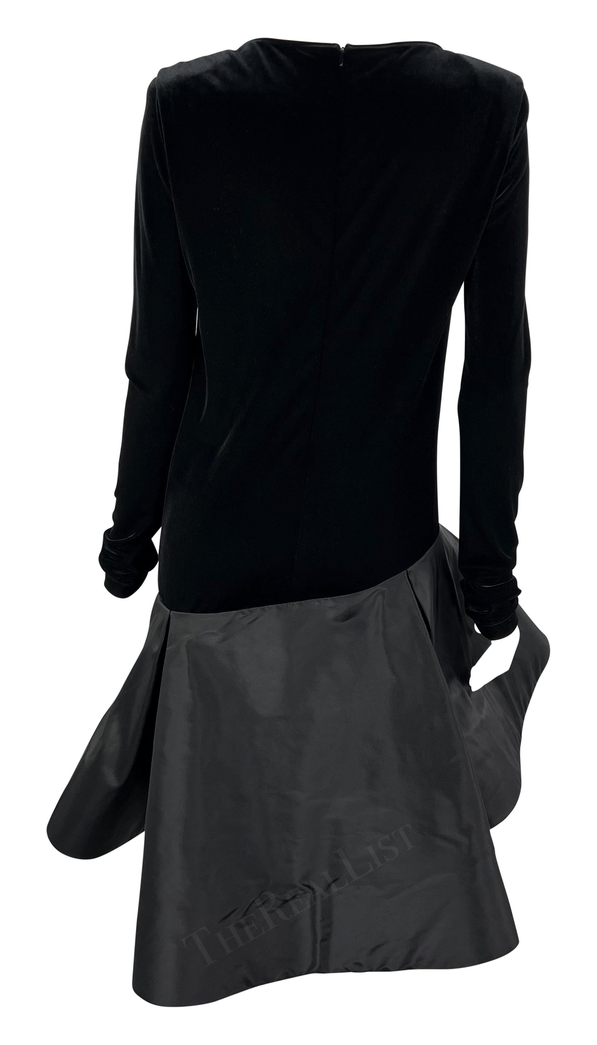 Women's 1990s Pierre Cardin Haute Couture Black Velvet Long Sleeve Flare Dress For Sale