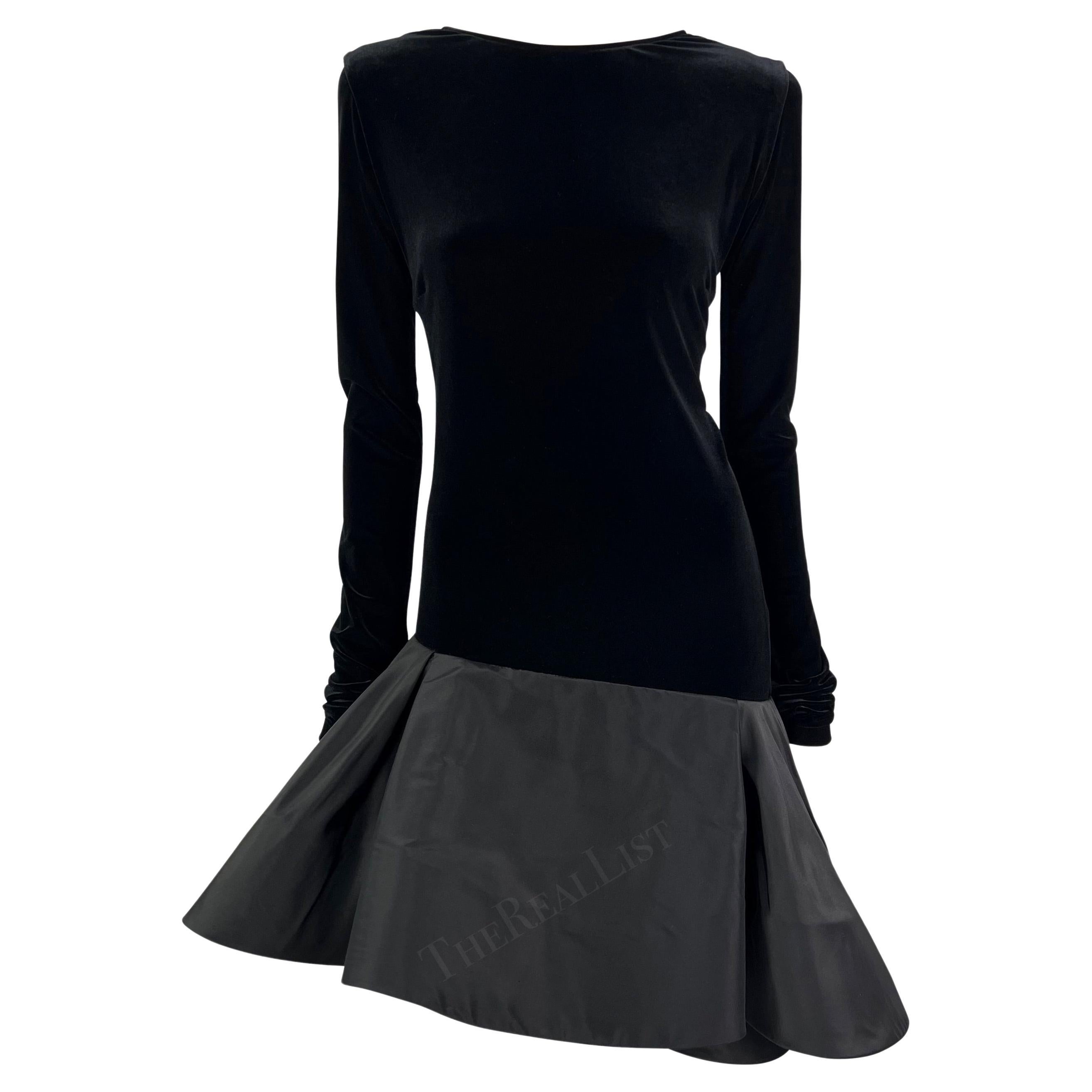1990s Pierre Cardin Haute Couture Black Velvet Long Sleeve Flare Dress For Sale