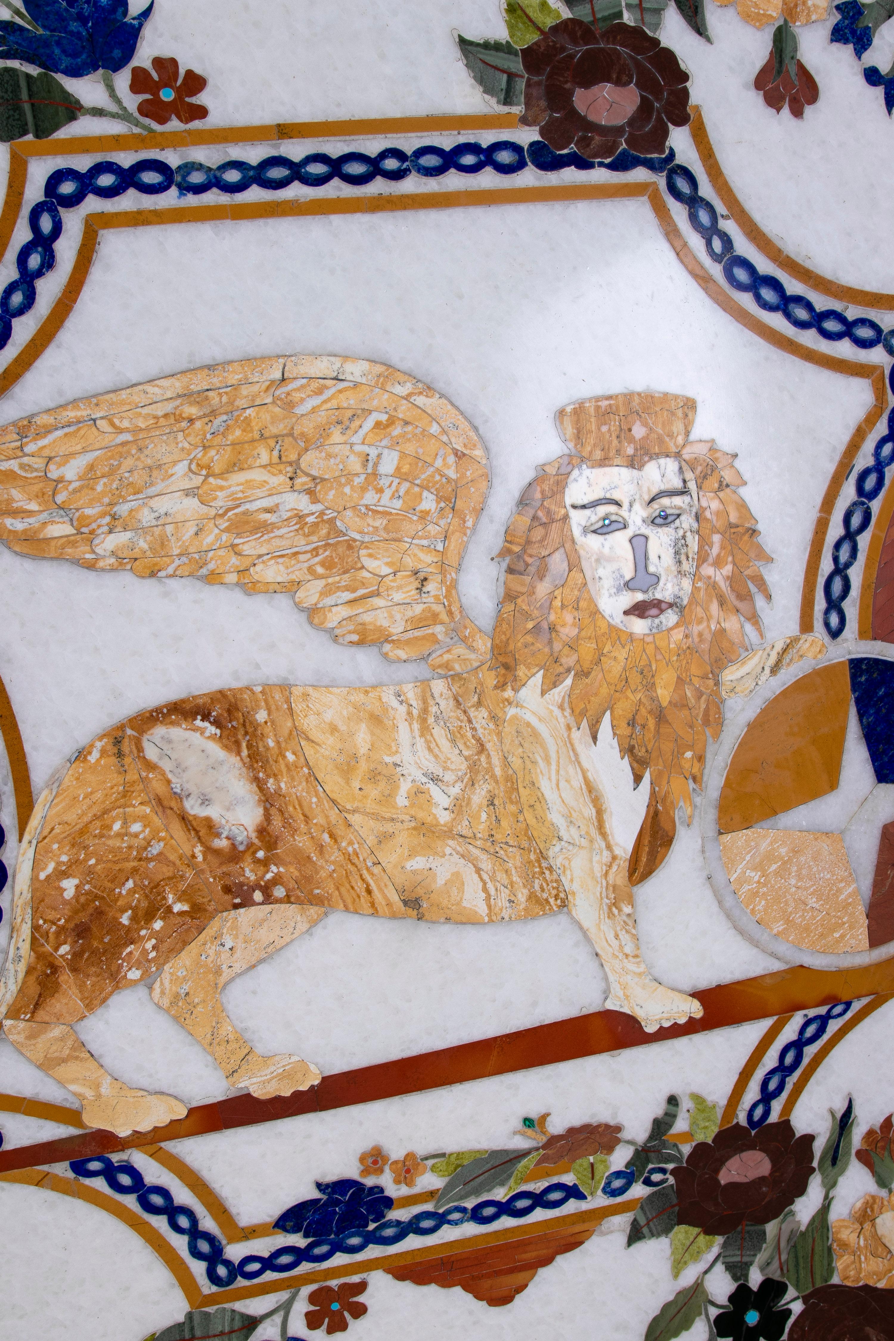 1990s Pietra Dura Inlay Round Marble Table Top w/ Venetian Lion of Saint Mark For Sale 6