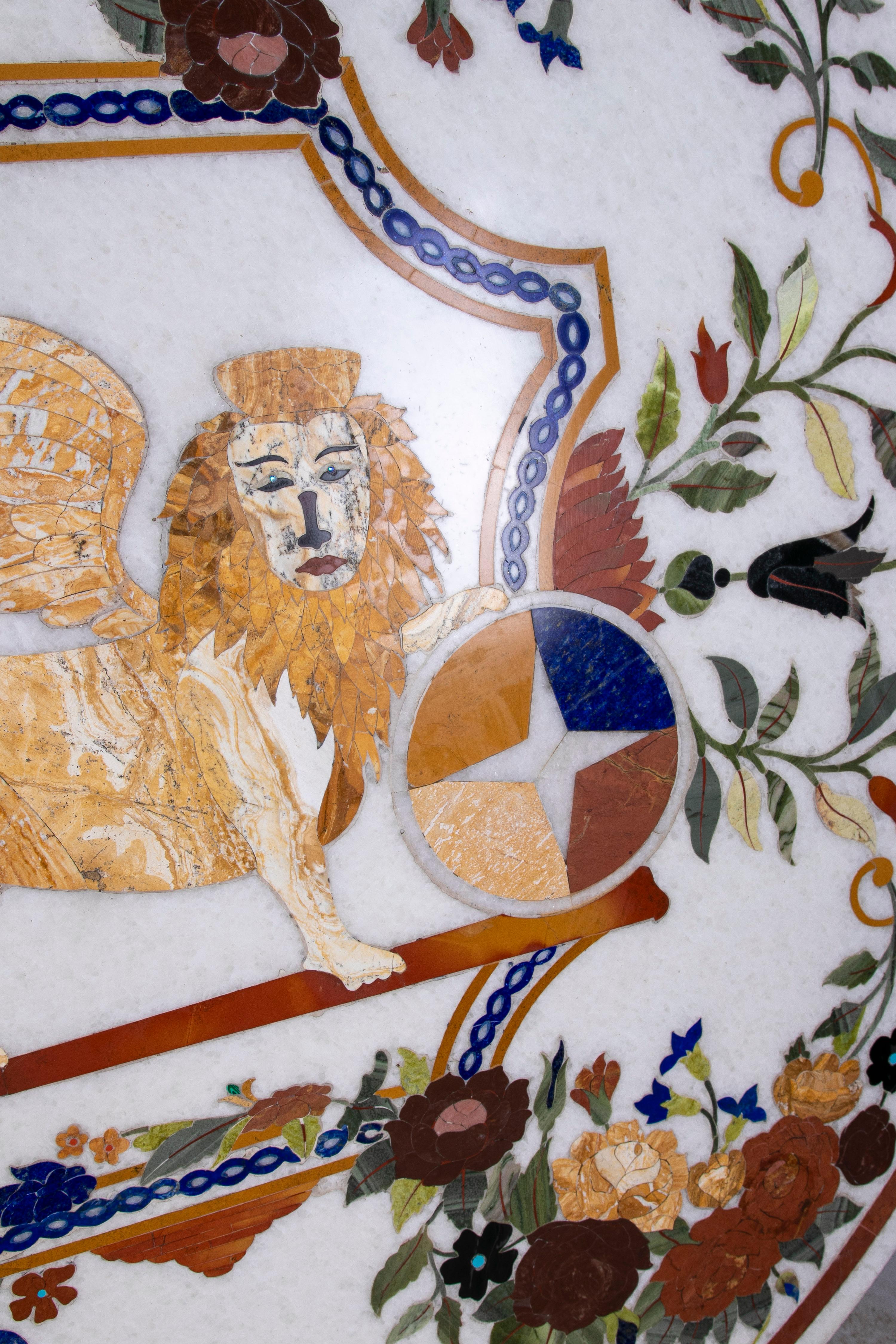1990s Pietra Dura Inlay Round Marble Table Top w/ Venetian Lion of Saint Mark For Sale 7