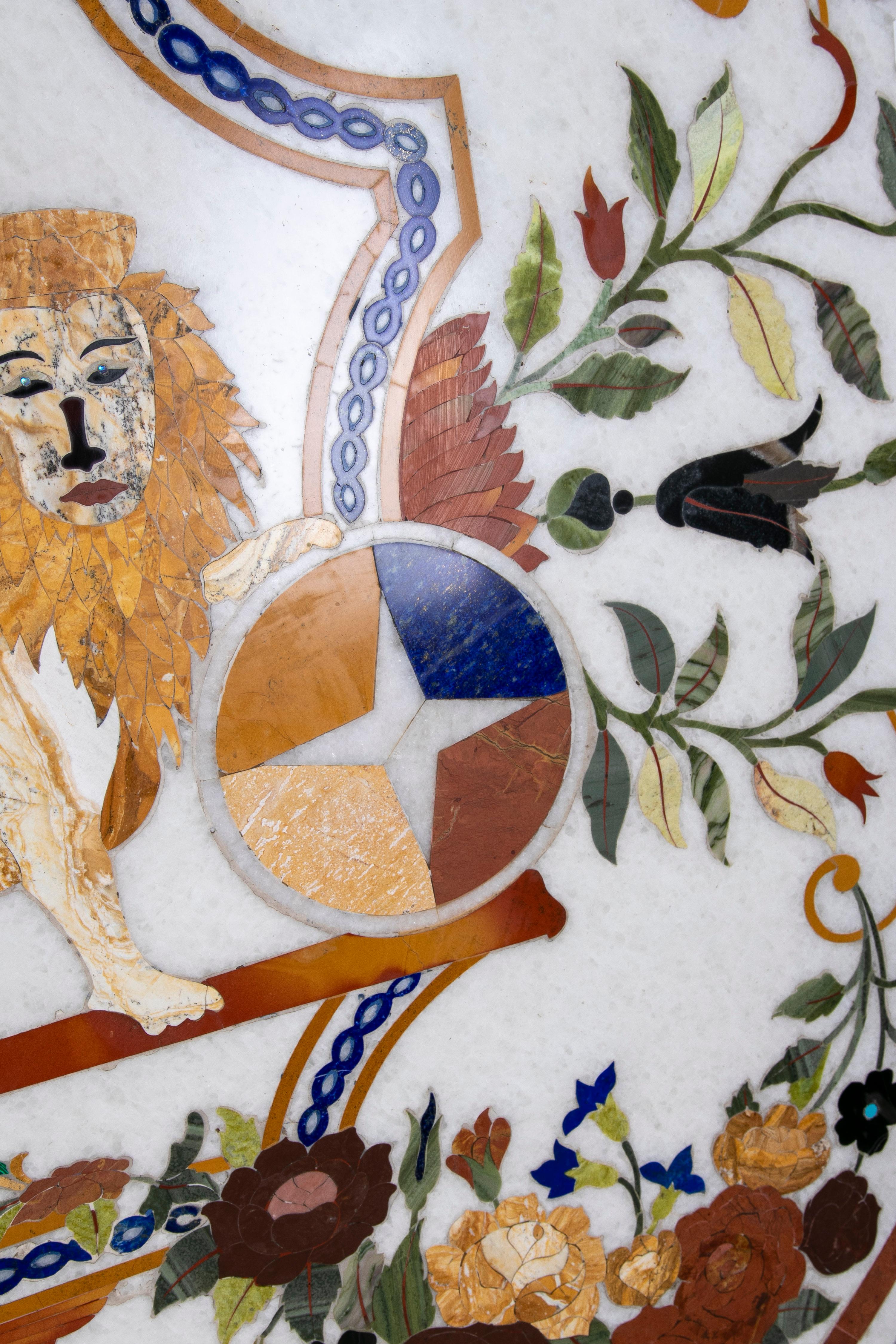 1990s Pietra Dura Inlay Round Marble Table Top w/ Venetian Lion of Saint Mark For Sale 9