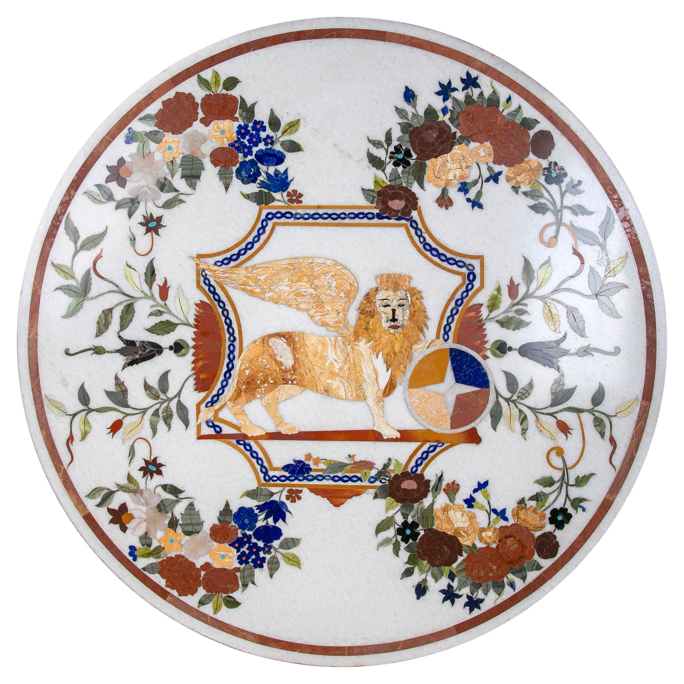 1990s Pietra Dura Inlay Round Marble Table Top w/ Venetian Lion of Saint Mark