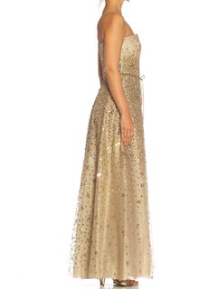 1990S PILAR ROSSI Oyster Grey Silk & Beaded Net Strapless Gown