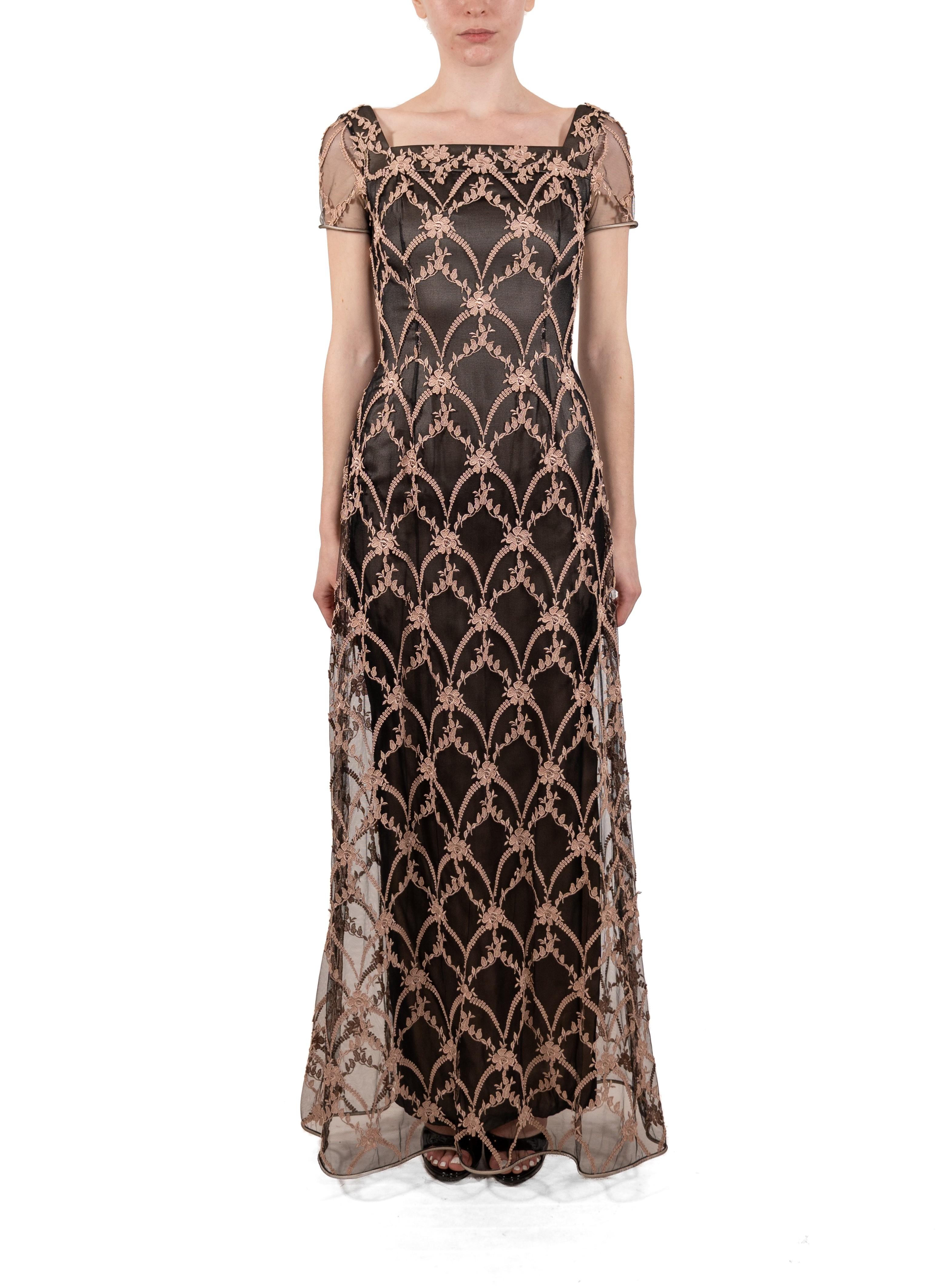 1990S Rosa & Schwarz Seide Rayon bestickten Tüll Titanic Edwardian inspiriert Kleid im Angebot 3