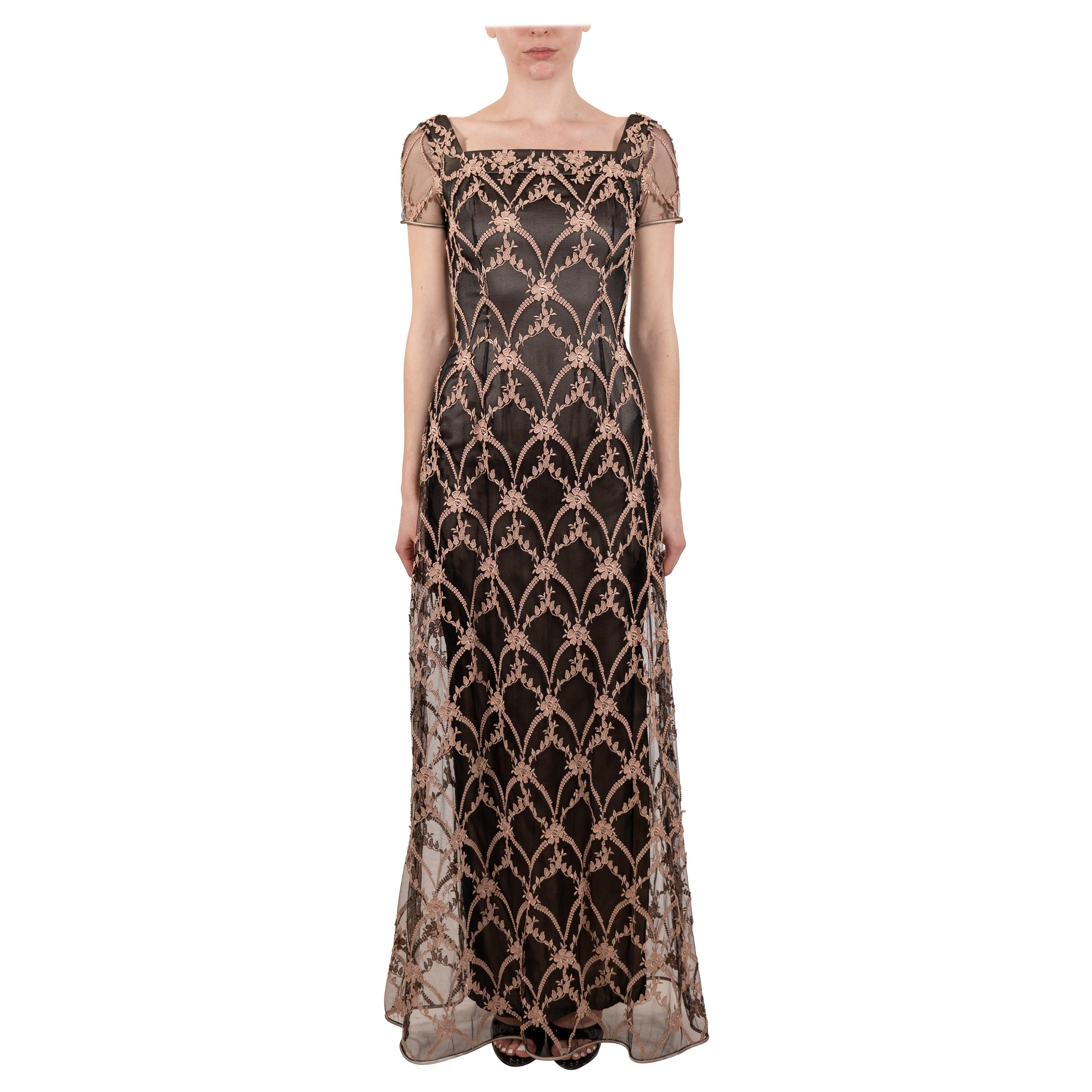 1990S Rosa & Schwarz Seide Rayon bestickten Tüll Titanic Edwardian inspiriert Kleid im Angebot
