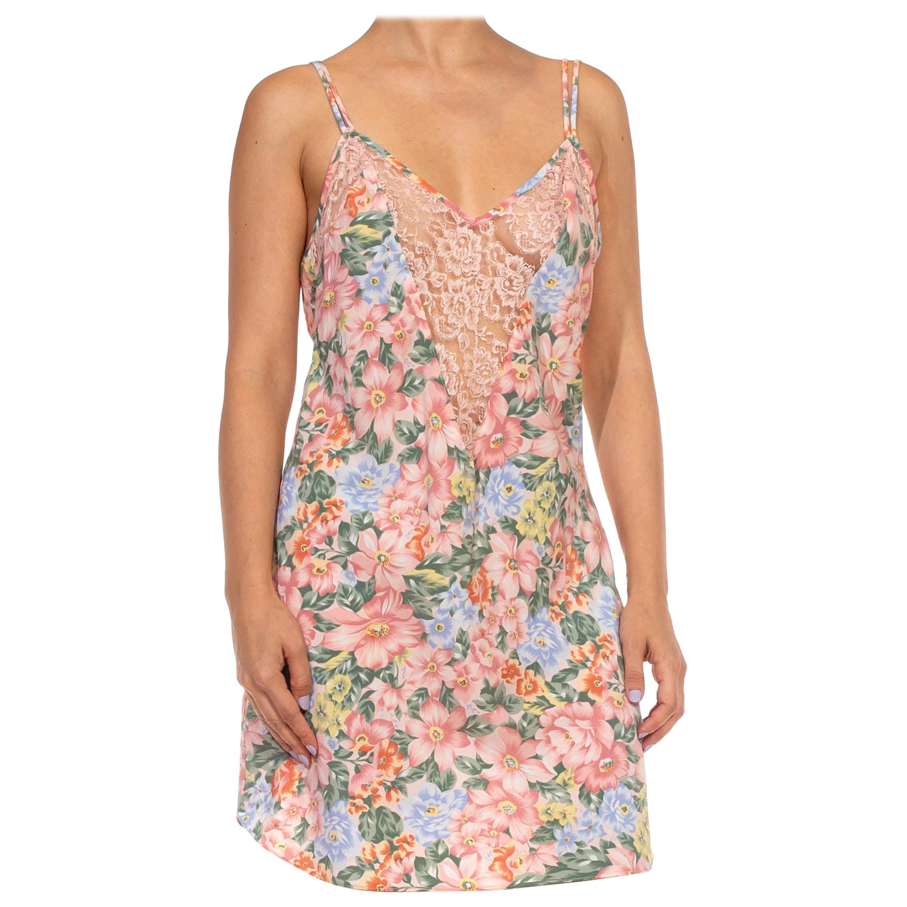 1990S Vestido de gasa de encaje de nailon y rayón floral rosa con panel frontal transparente bajo B en venta