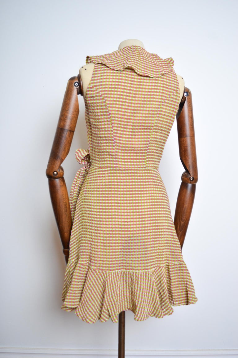 1990's Pink & Green Christian Lacroix Ruffle Detail Wrap Around Linen Dress 1990's Pink & Green Christian Lacroix Ruffle Detail Wrap Around Linen Dress