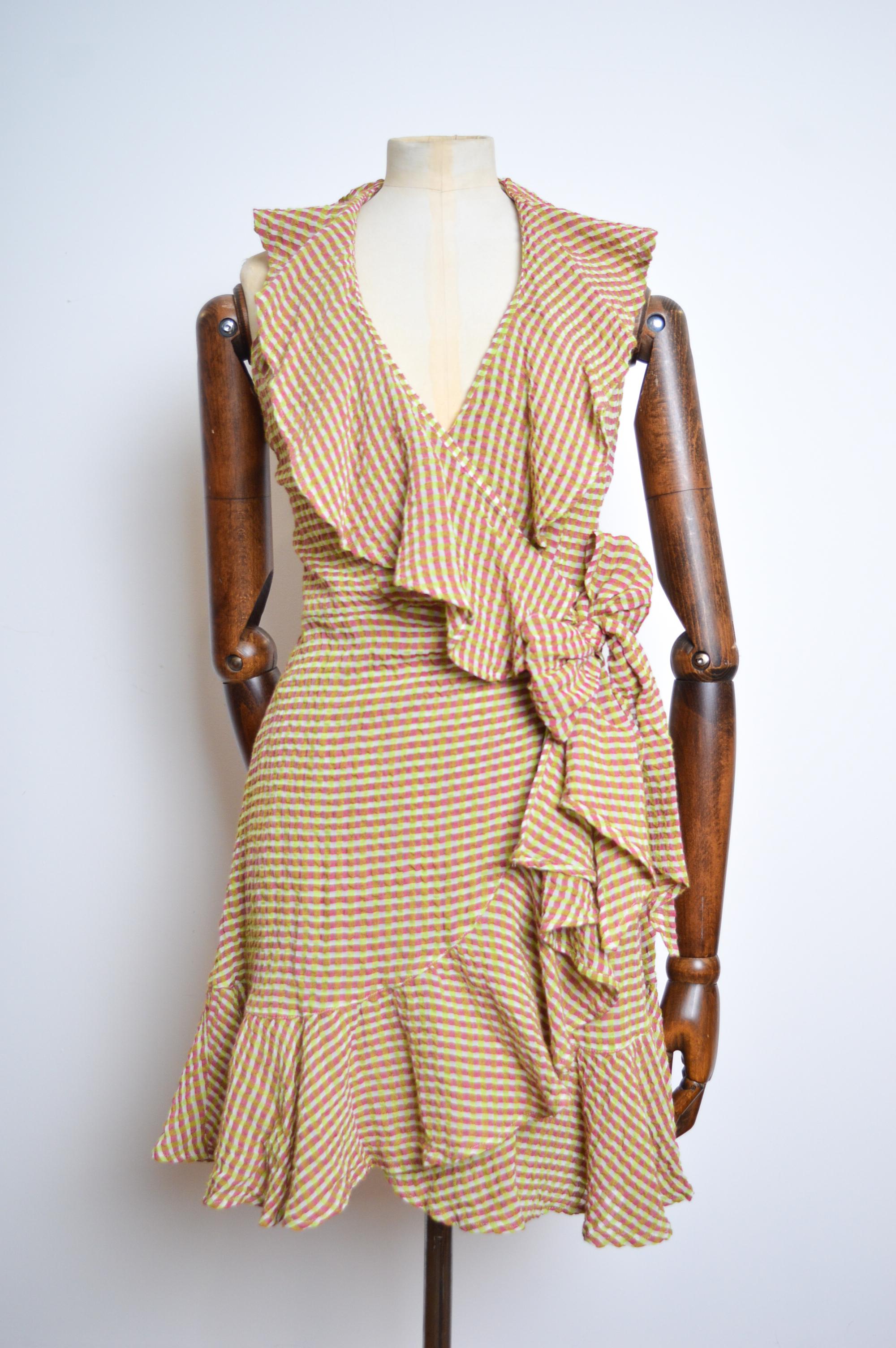 1990's Pink & Green Christian Lacroix Ruffle detail Wrap around Linen Dress For Sale 7