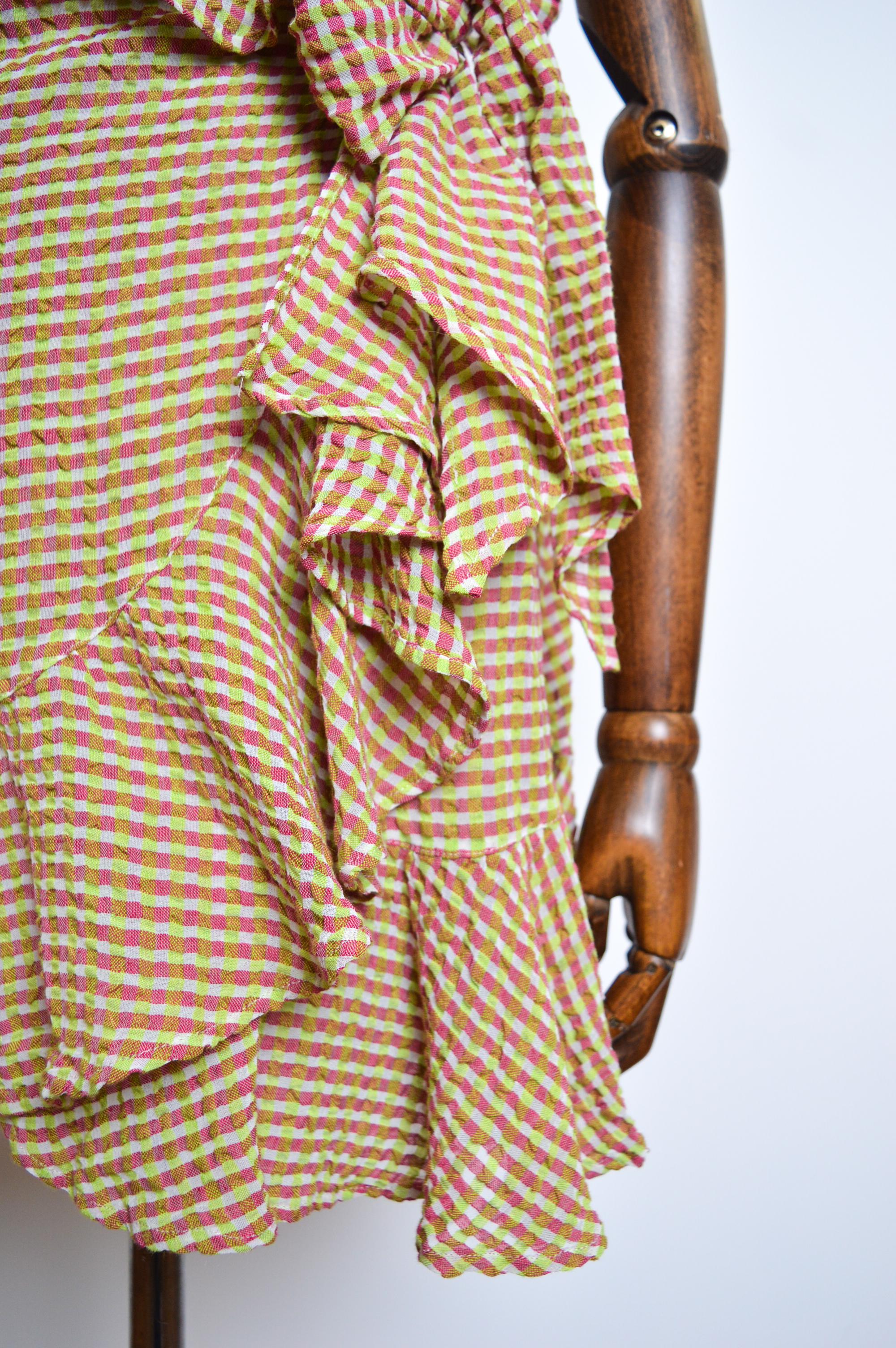 1990's Pink & Green Christian Lacroix Ruffle detail Wrap around Linen Dress For Sale 8