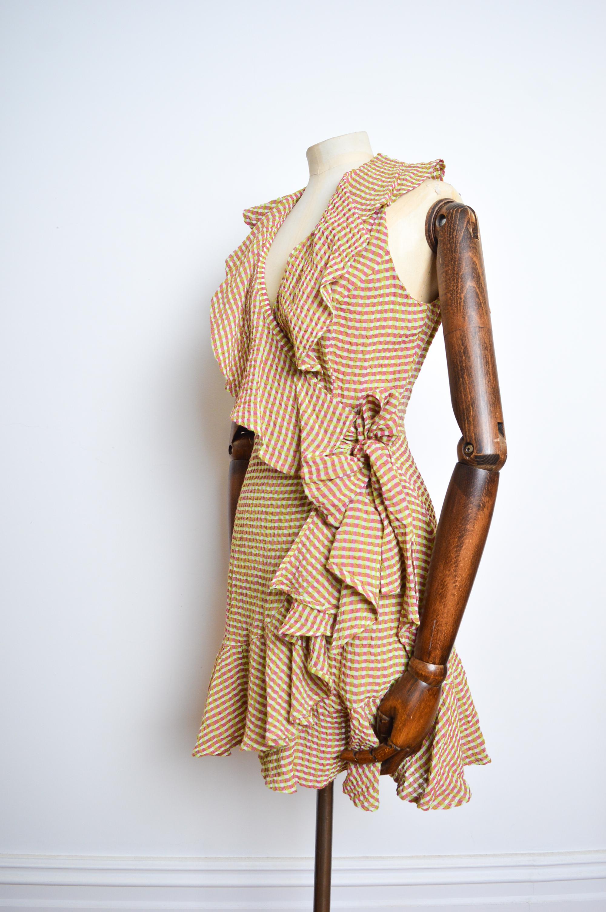 1990's Pink & Green Christian Lacroix Ruffle detail Wrap around Linen Dress For Sale 9