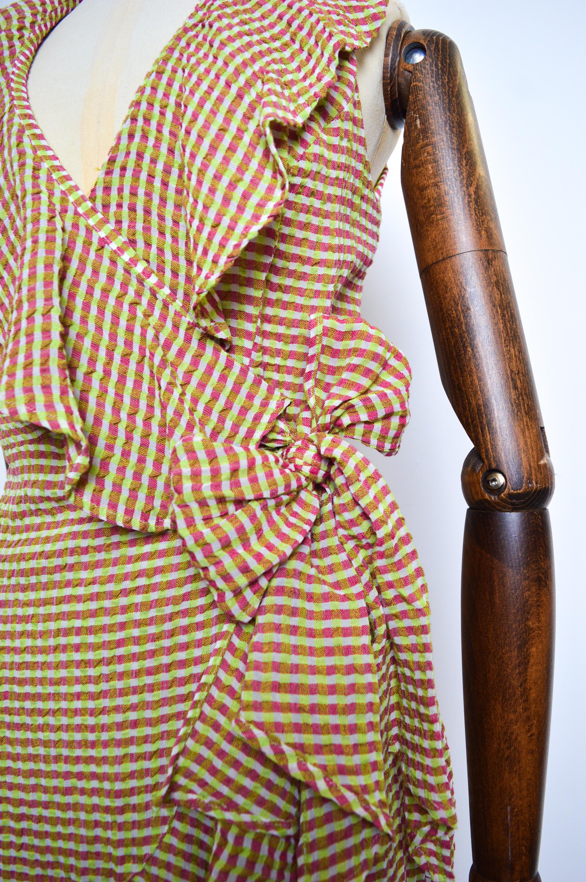 1990's Pink & Green Christian Lacroix Ruffle detail Wrap around Linen Dress For Sale 11