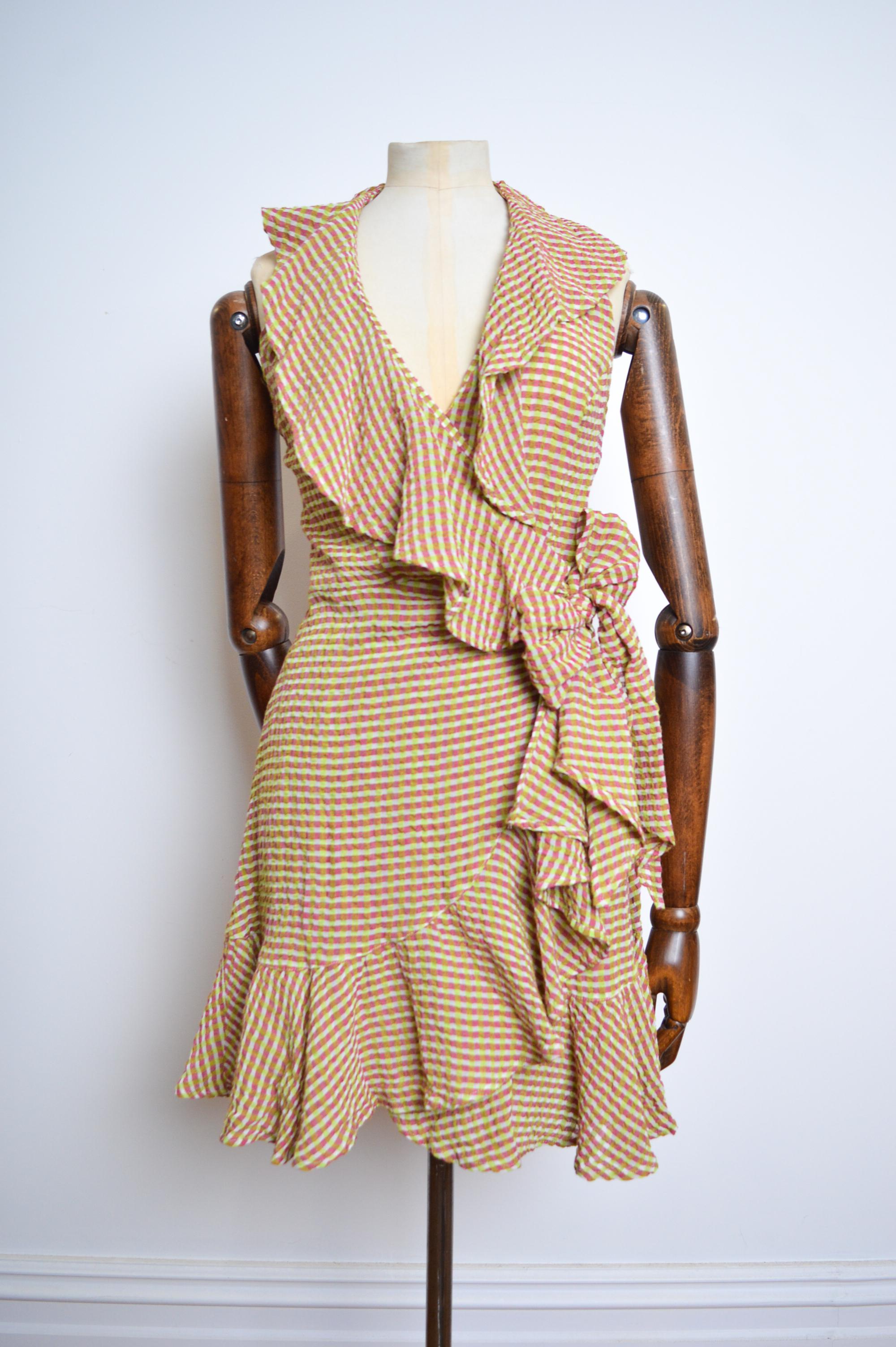 1990's Pink & Green Christian Lacroix Ruffle detail Wrap around Linen Dress For Sale 12