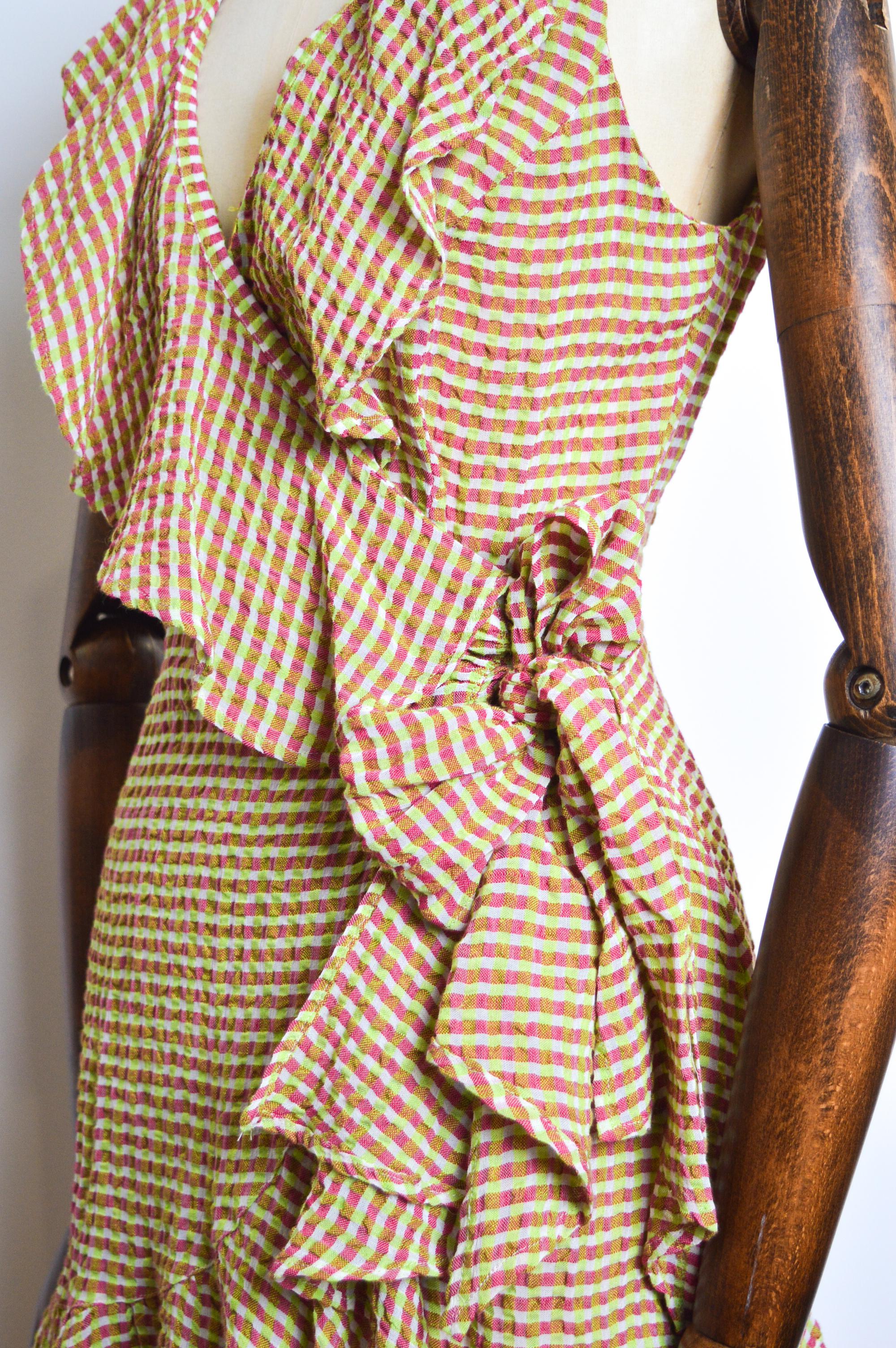 1990's Pink & Green Christian Lacroix Ruffle detail Wrap around Linen Dress For Sale 13