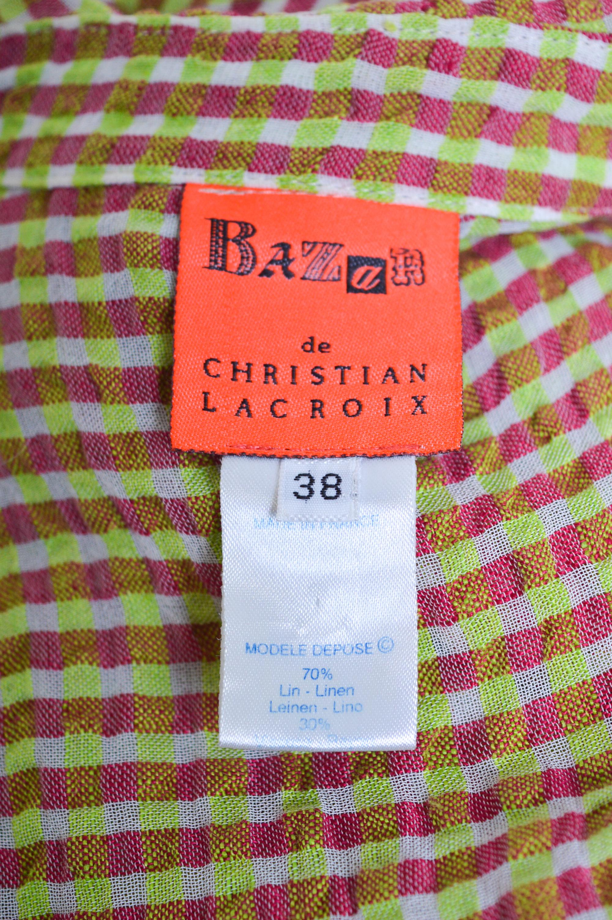 Women's 1990's Pink & Green Christian Lacroix Ruffle detail Wrap around Linen Dress For Sale