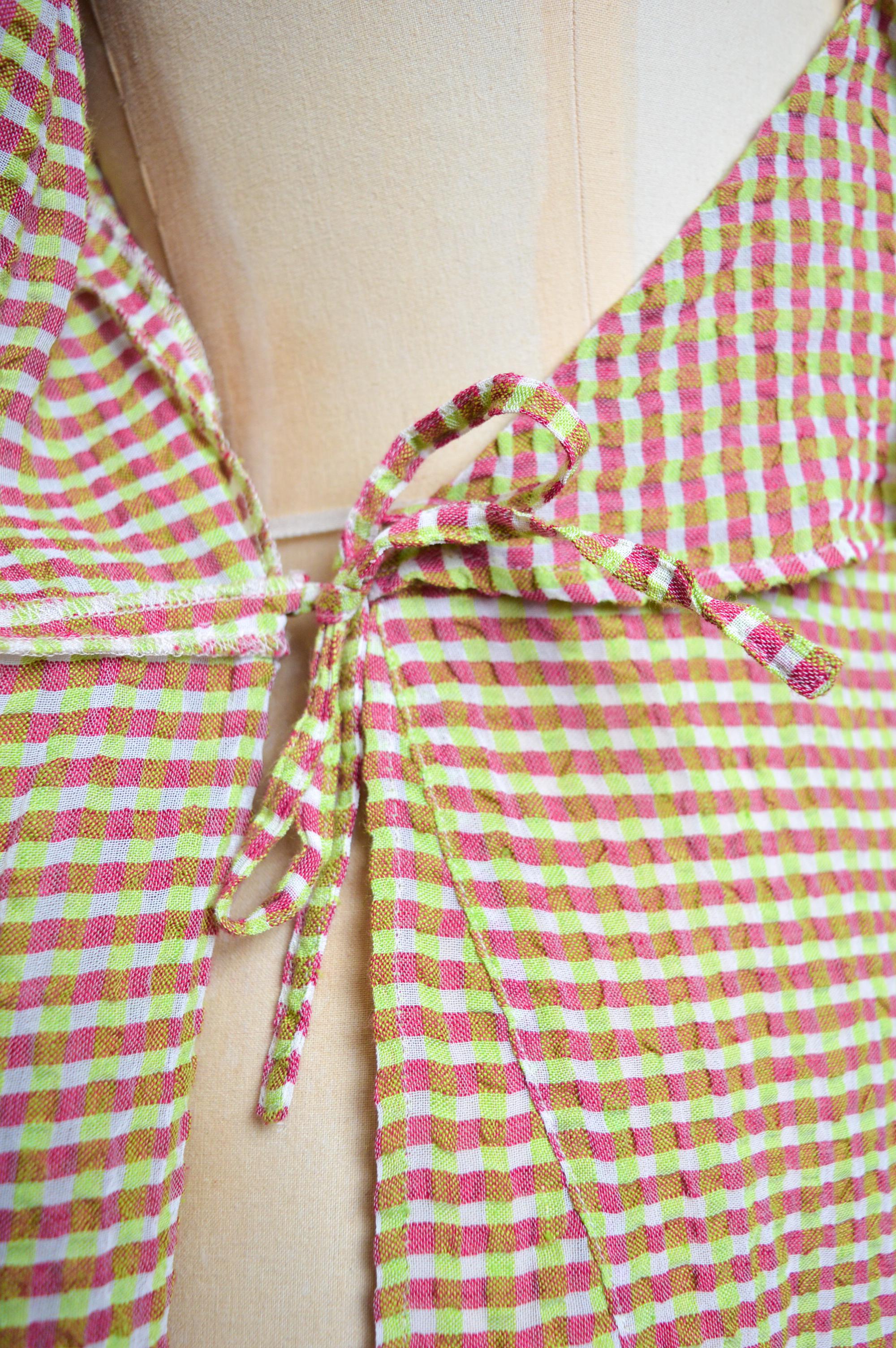 1990's Pink & Green Christian Lacroix Ruffle detail Wrap around Linen Dress For Sale 1