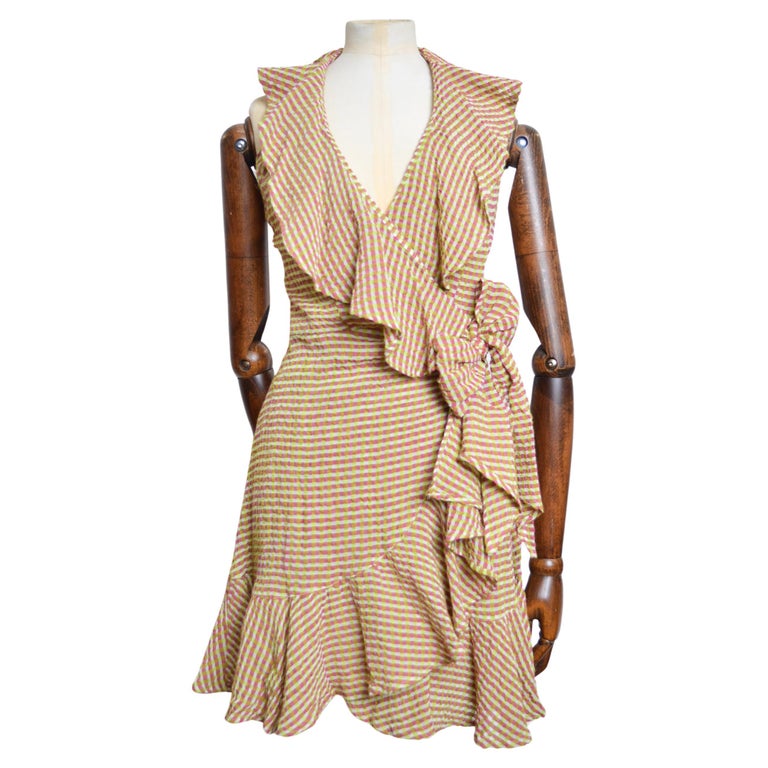1990's Pink & Green Christian Lacroix Ruffle Detail Wrap Around Linen Dress 1990's Pink & Green Christian Lacroix Ruffle Detail Wrap Around Linen Dress